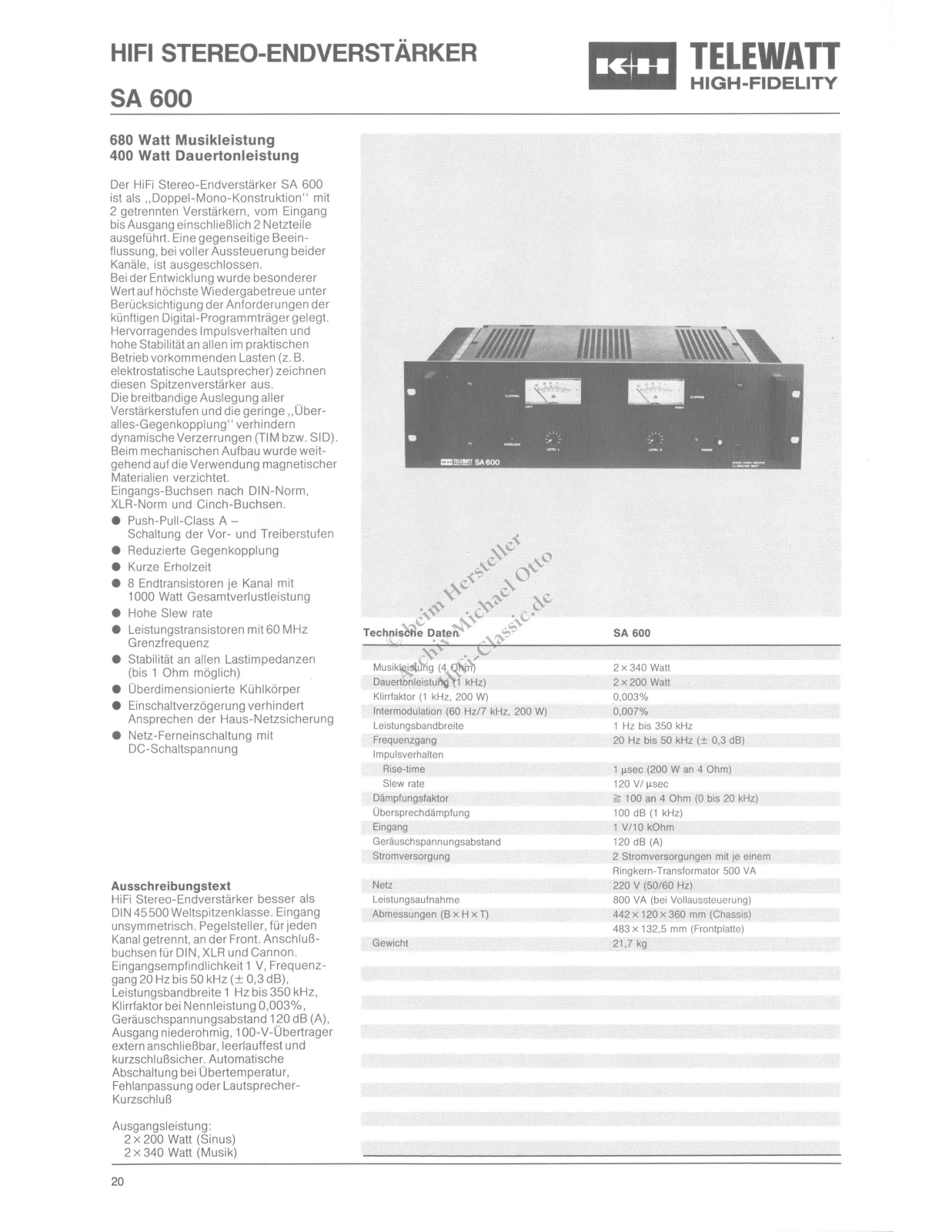 KLEIN + HUMMEL SA 600 datasheet - ManualMachine.com