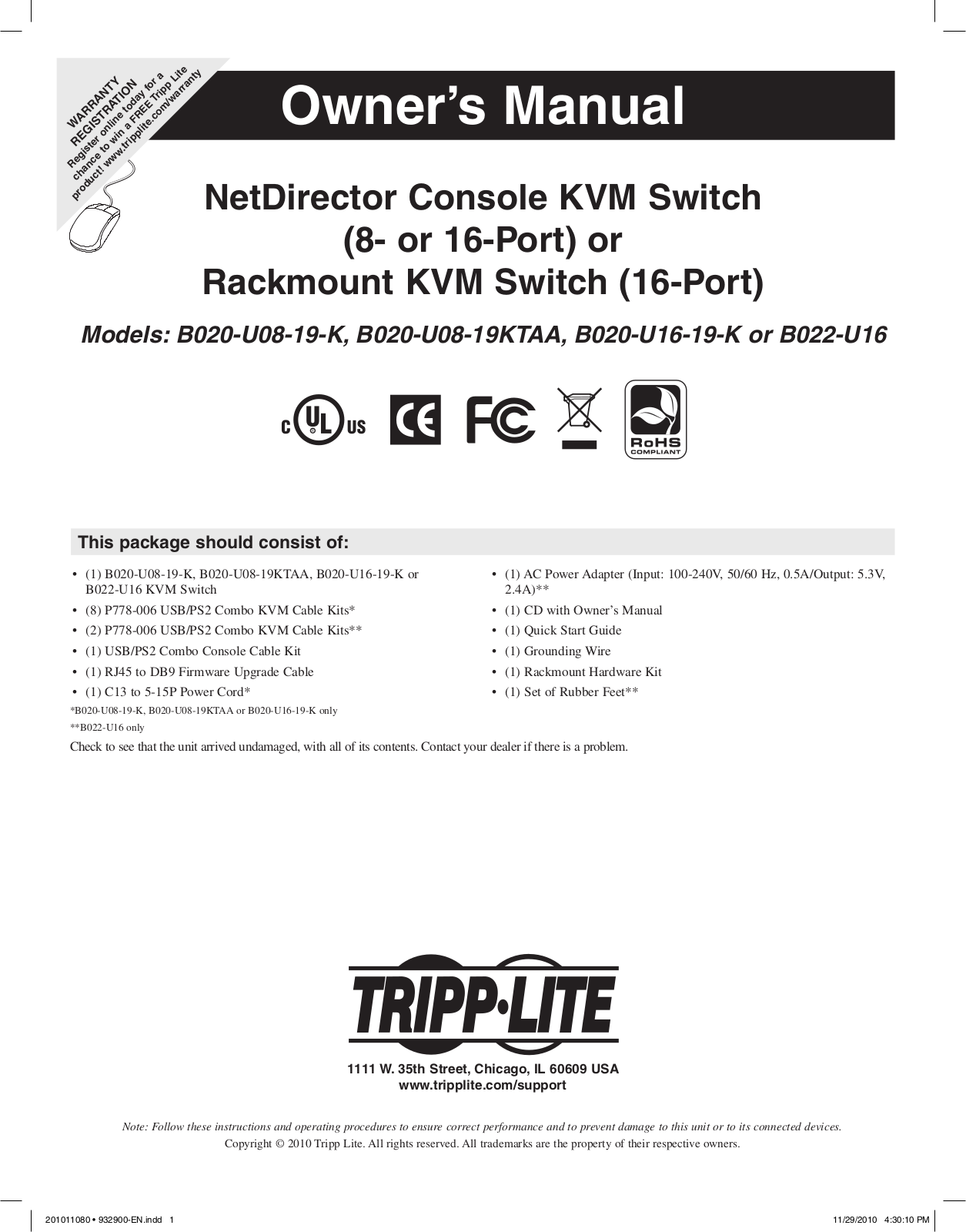 Tripp Lite B020-U16-19-K, B020-U08-19-K, B020-U08-19KTAA User Manual