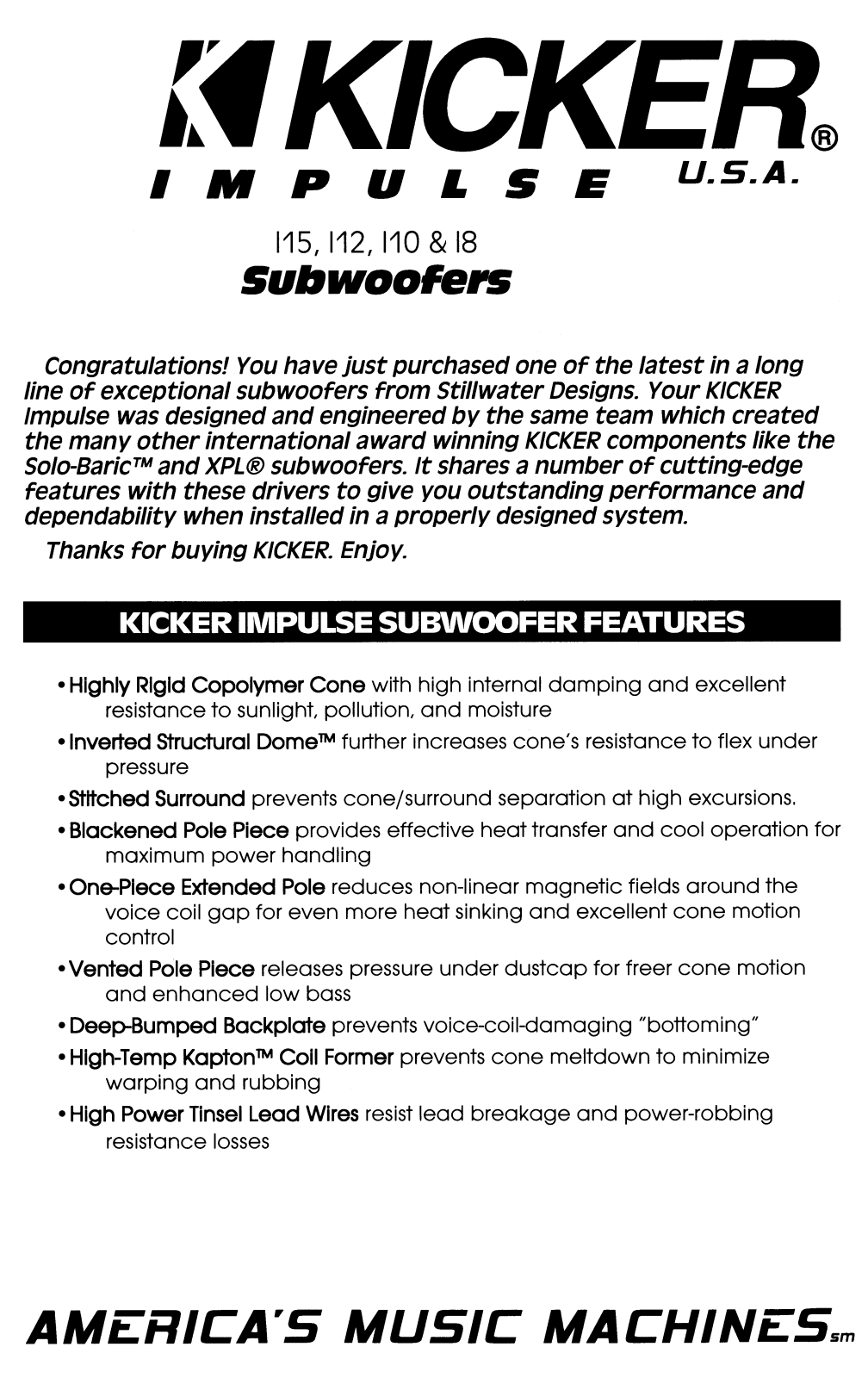 Kicker Impulse I12, Impulse I15, Impulse I10, Impulse 18 Owner's Manual