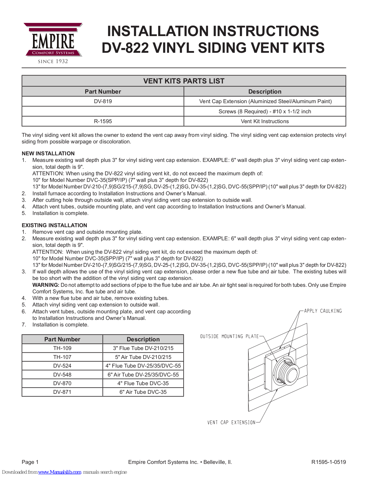 Empire Comfort Systems DV-822 Installation Instructions Manual