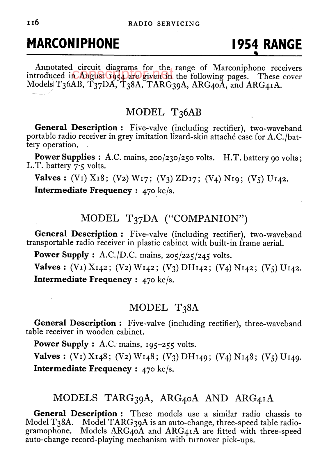 MARCONIPHONE T36BA, T37DA, T38A, TARG39A Service manual