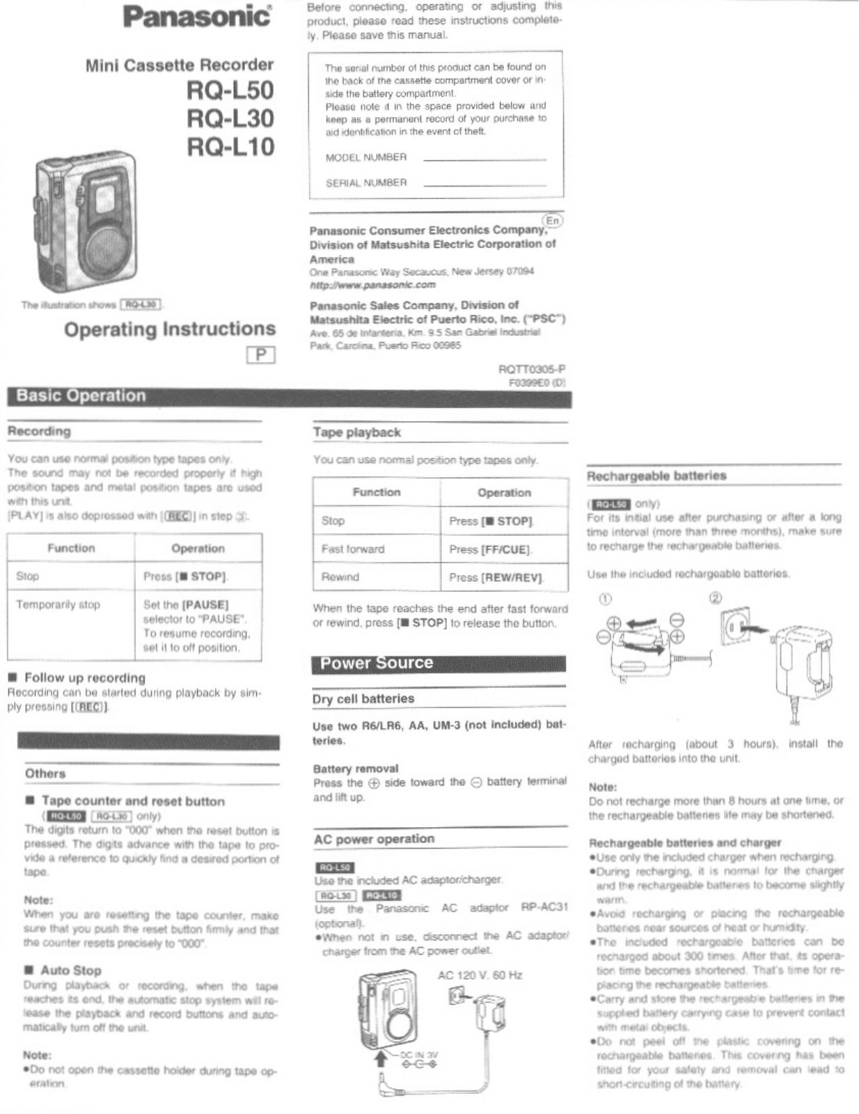 Panasonic RQ-L30, RQ-L10 User Manual