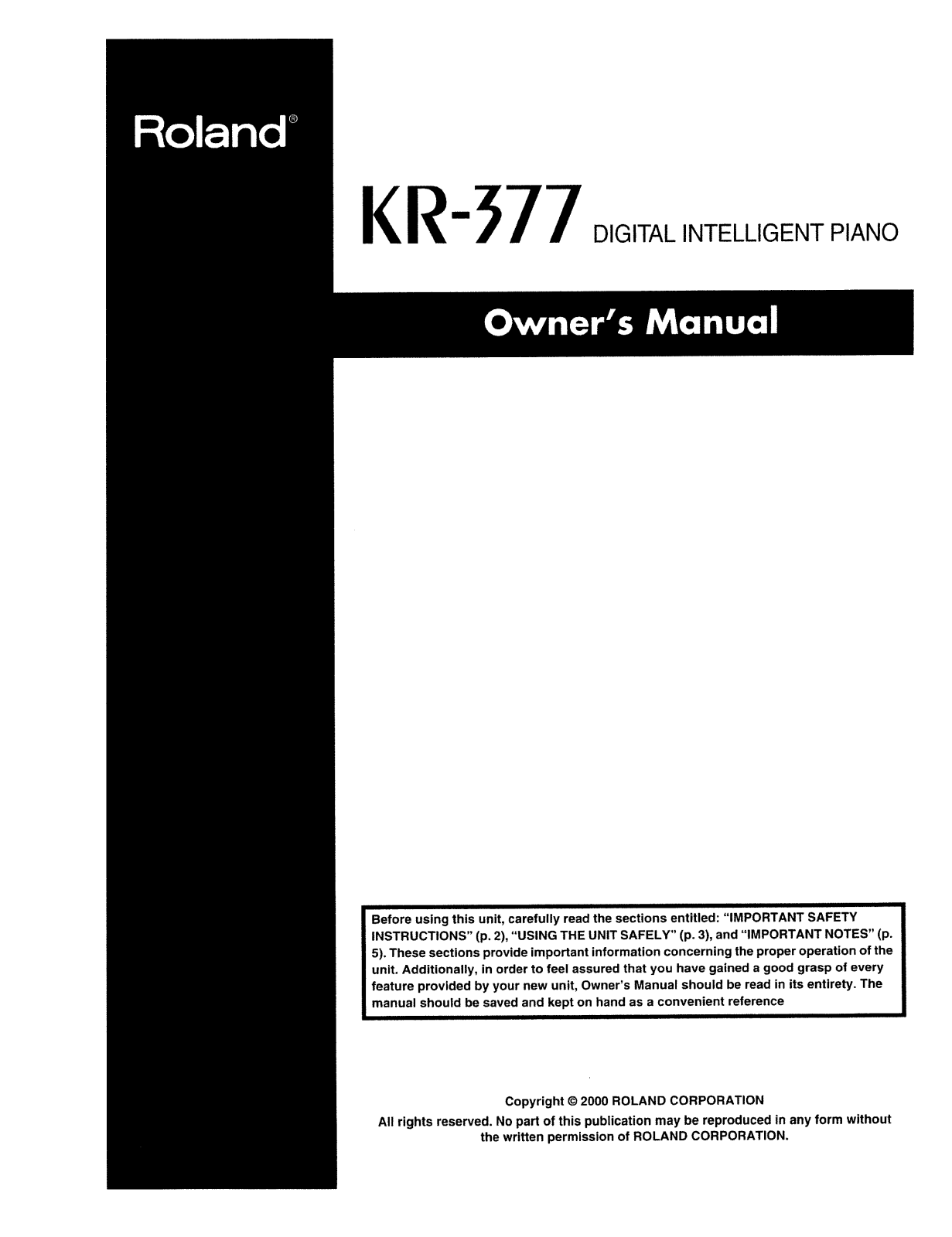 Roland Corporation KR-377 Owner's Manual