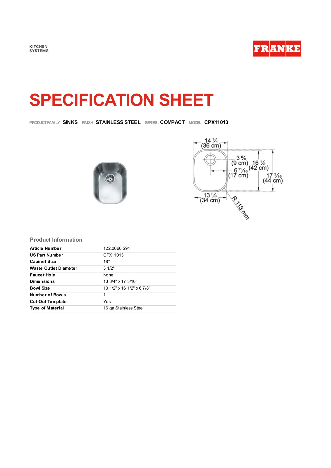 Franke Foodservice CPX11013 User Manual