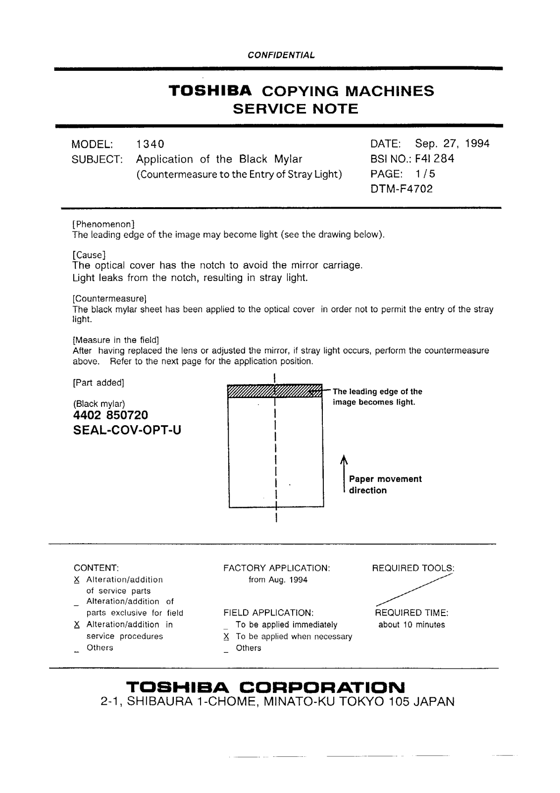 Toshiba f4i284 Service Note