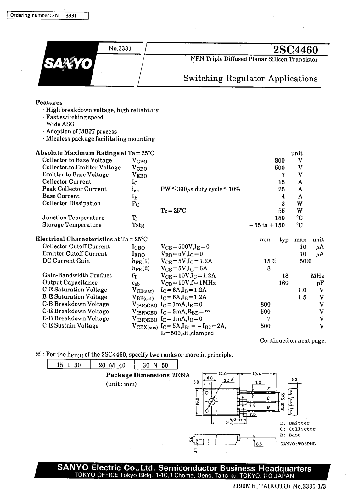 SANYO 2SC4460 Datasheet