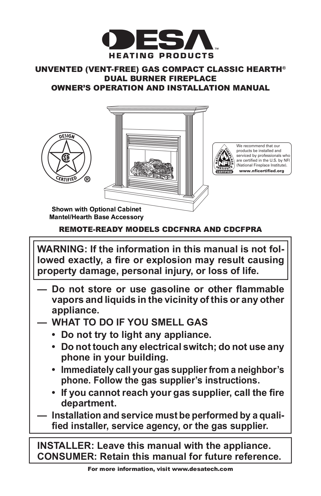 Desa Tech CDCFPRA, CDCFNRA Owner's Manual