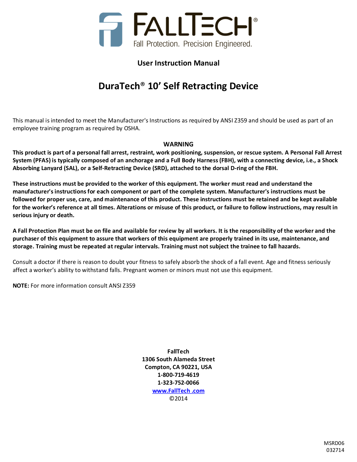 FallTech DuraTech 10 User Manual