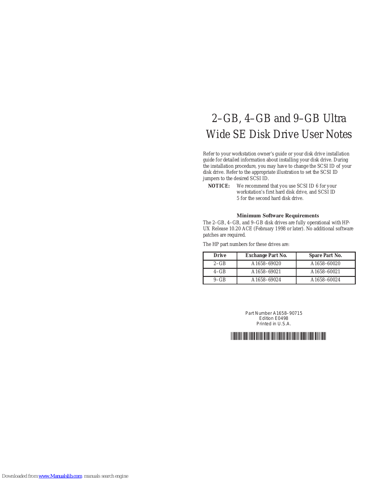 HP Workstation 712/80, Workstation 710, Workstation 715/100xc, Workstation 715/33, Workstation 715/50 2–GB, 4–GB and 9–GB Ultra Wide SE Disk Drive User Notes