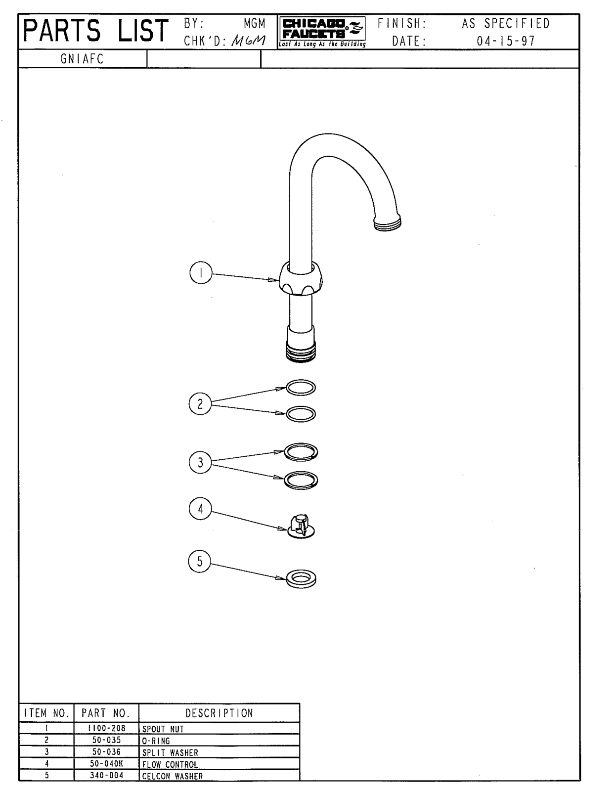 Chicago Faucet GN1AFCJKCP Parts List