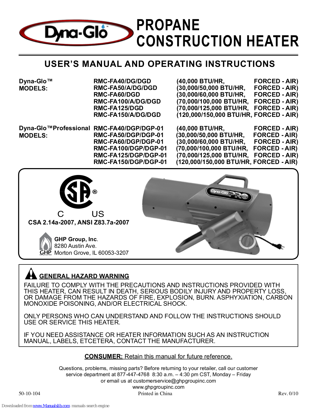 Dyna-Glo RMC-FA50, RMC-FA40, RMC-FA40DG, RMC-FA40DGD, RMC-FA50A User Manual