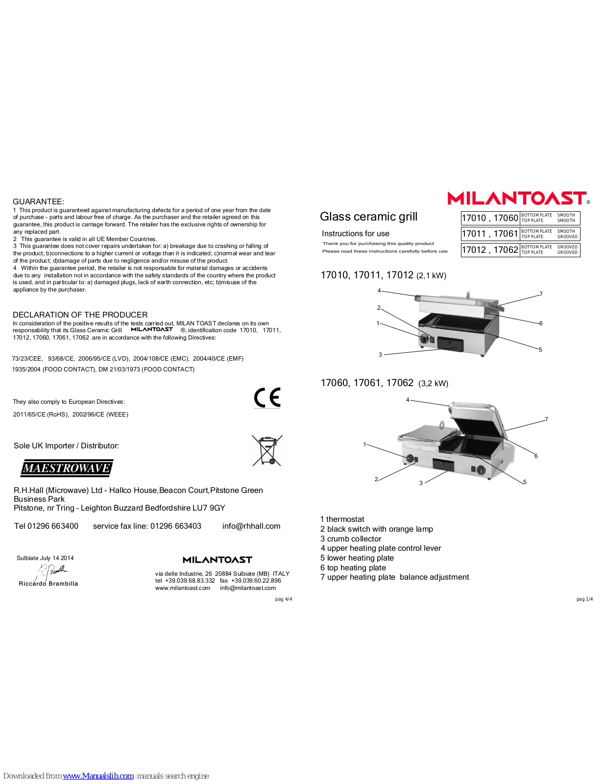 Milantoast 17010, 17060, 17012, 17061, 17062 User Manual