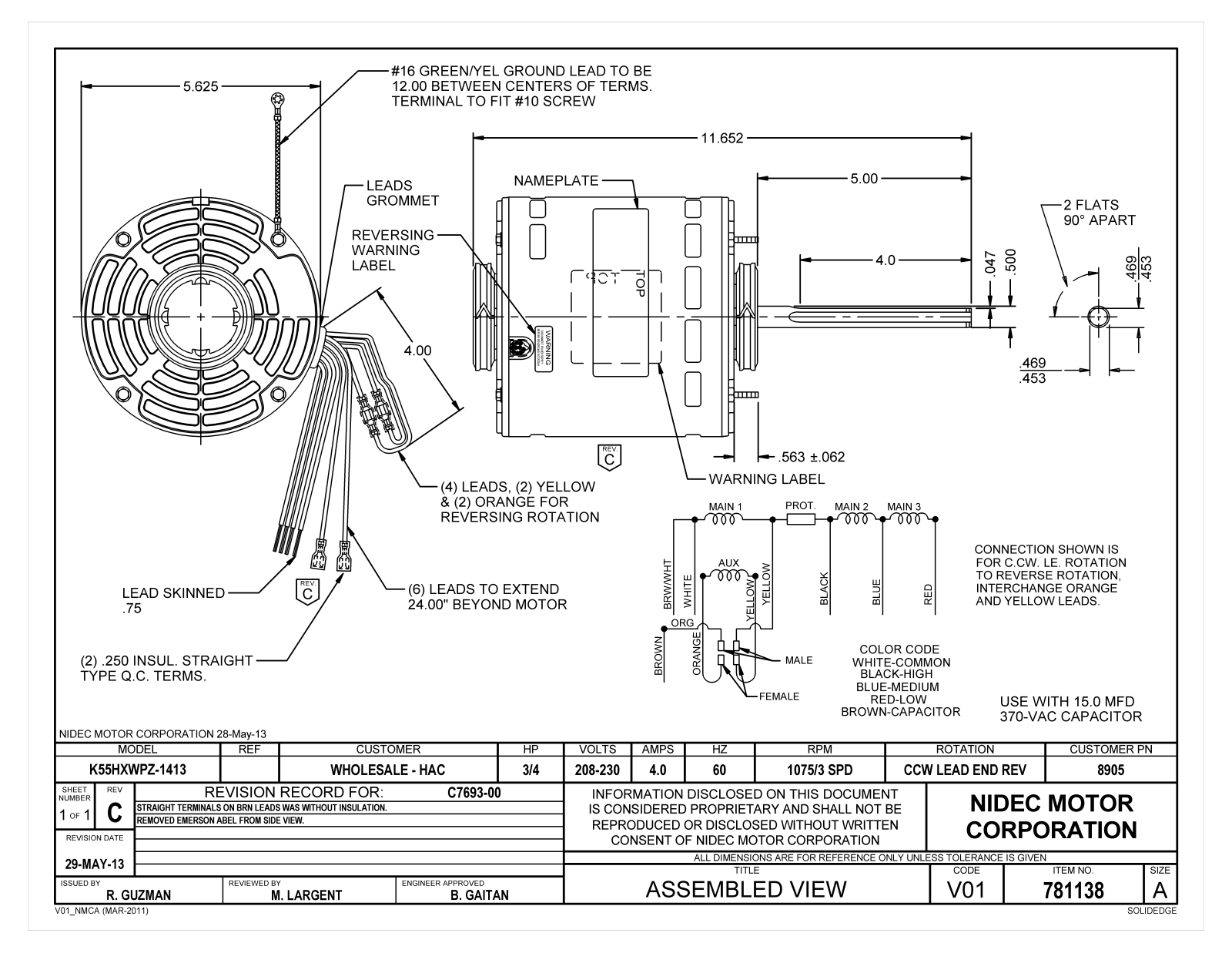 US Motors 8905 Dimensional Sheet