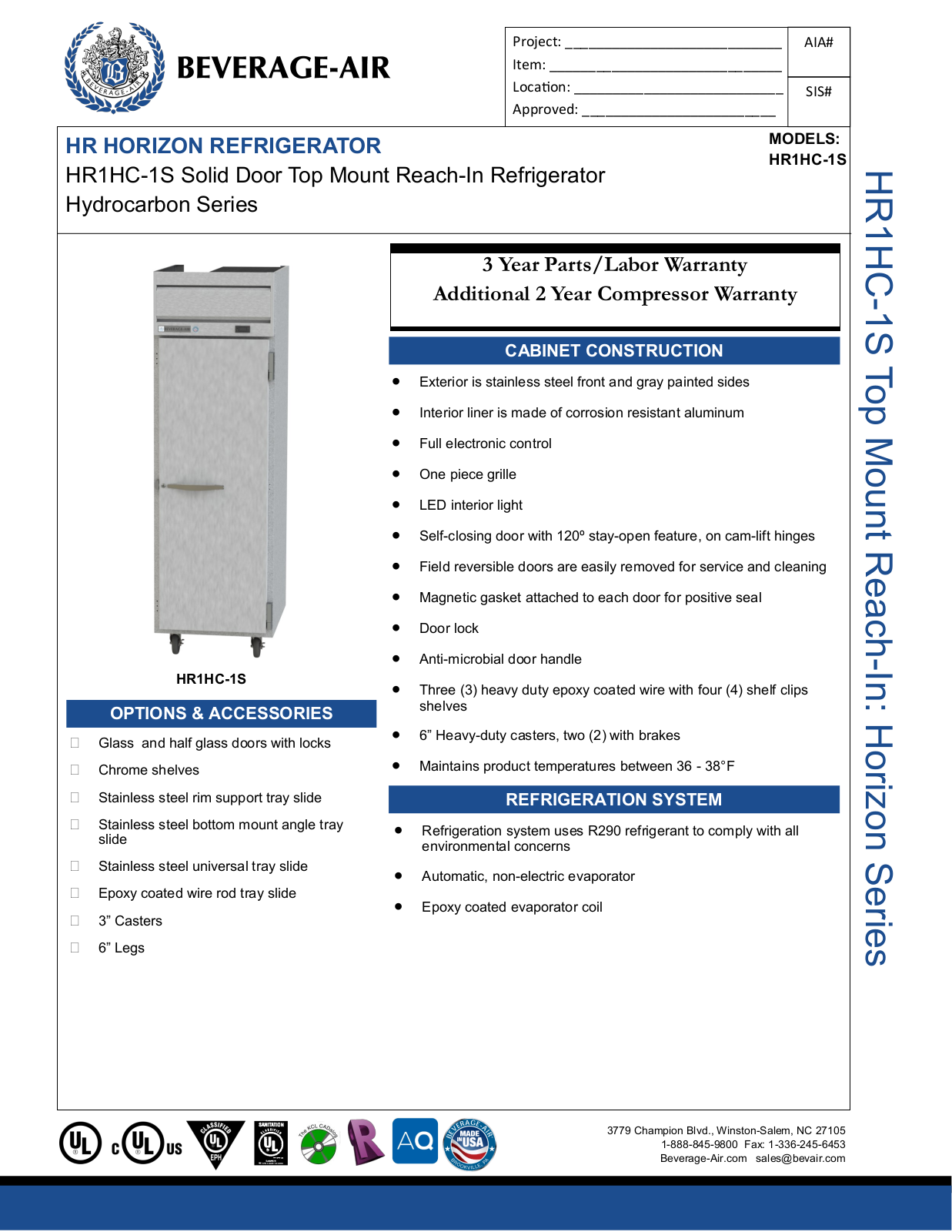 Beverage-Air HR1HC1S, KRT361GULPB Specifications