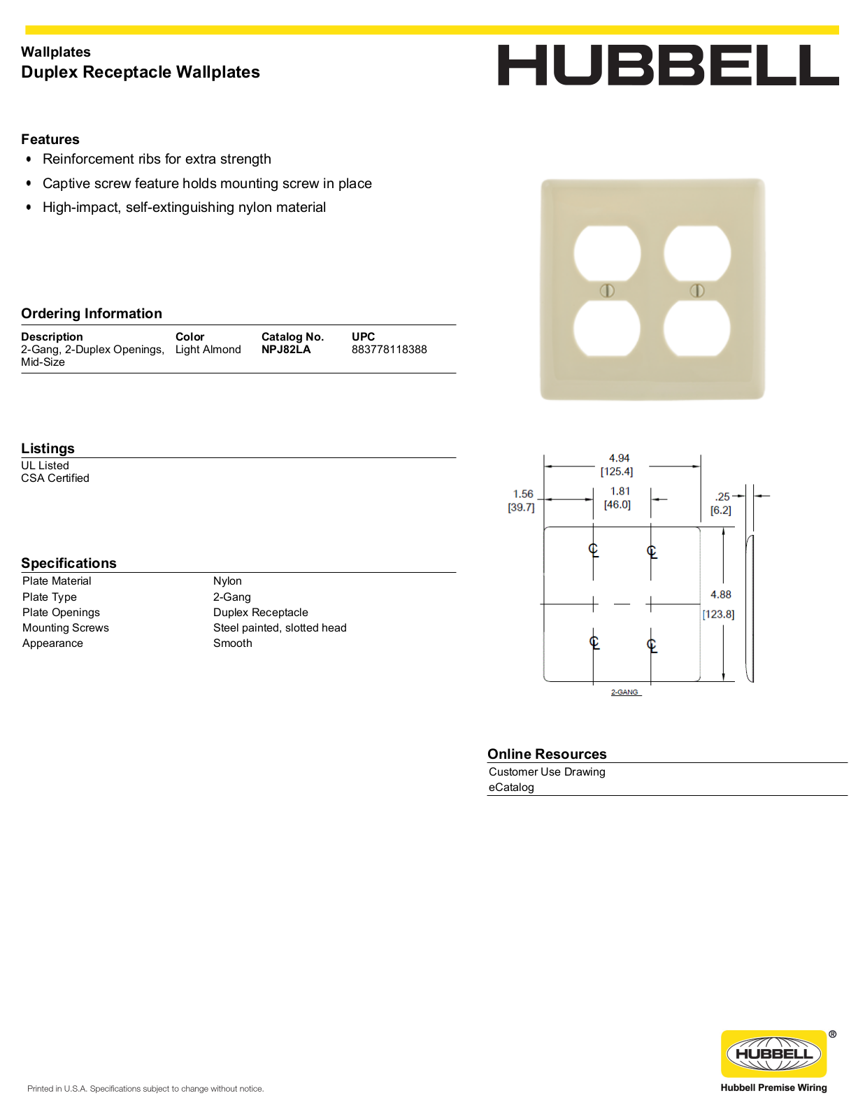 Hubbell NPJ82LA Specifications