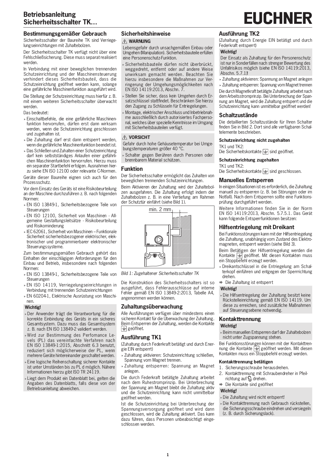 EUCHNER TK1, TK Series, TK2 Operating Instructions Manual