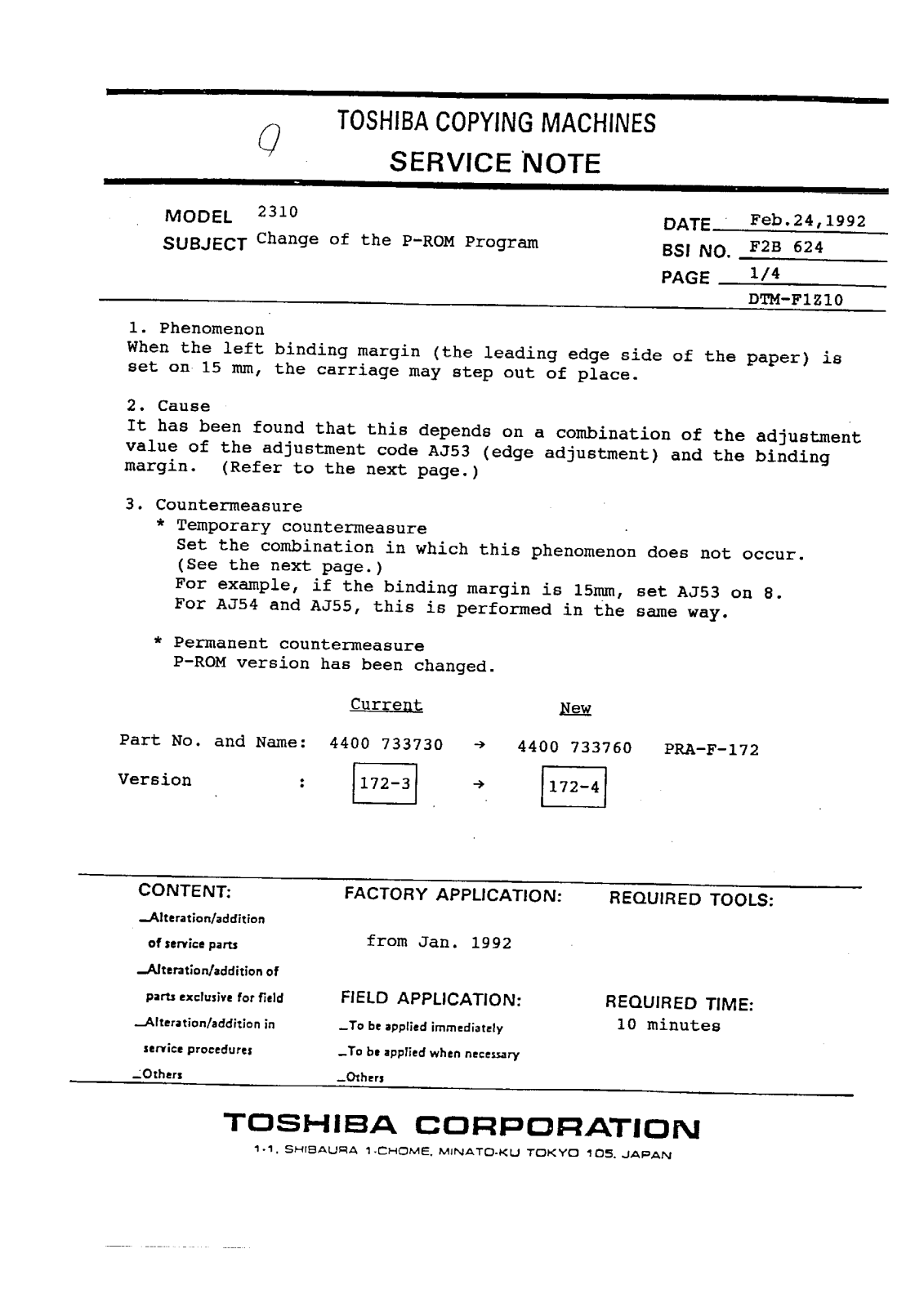 Toshiba f2b624 Service Note