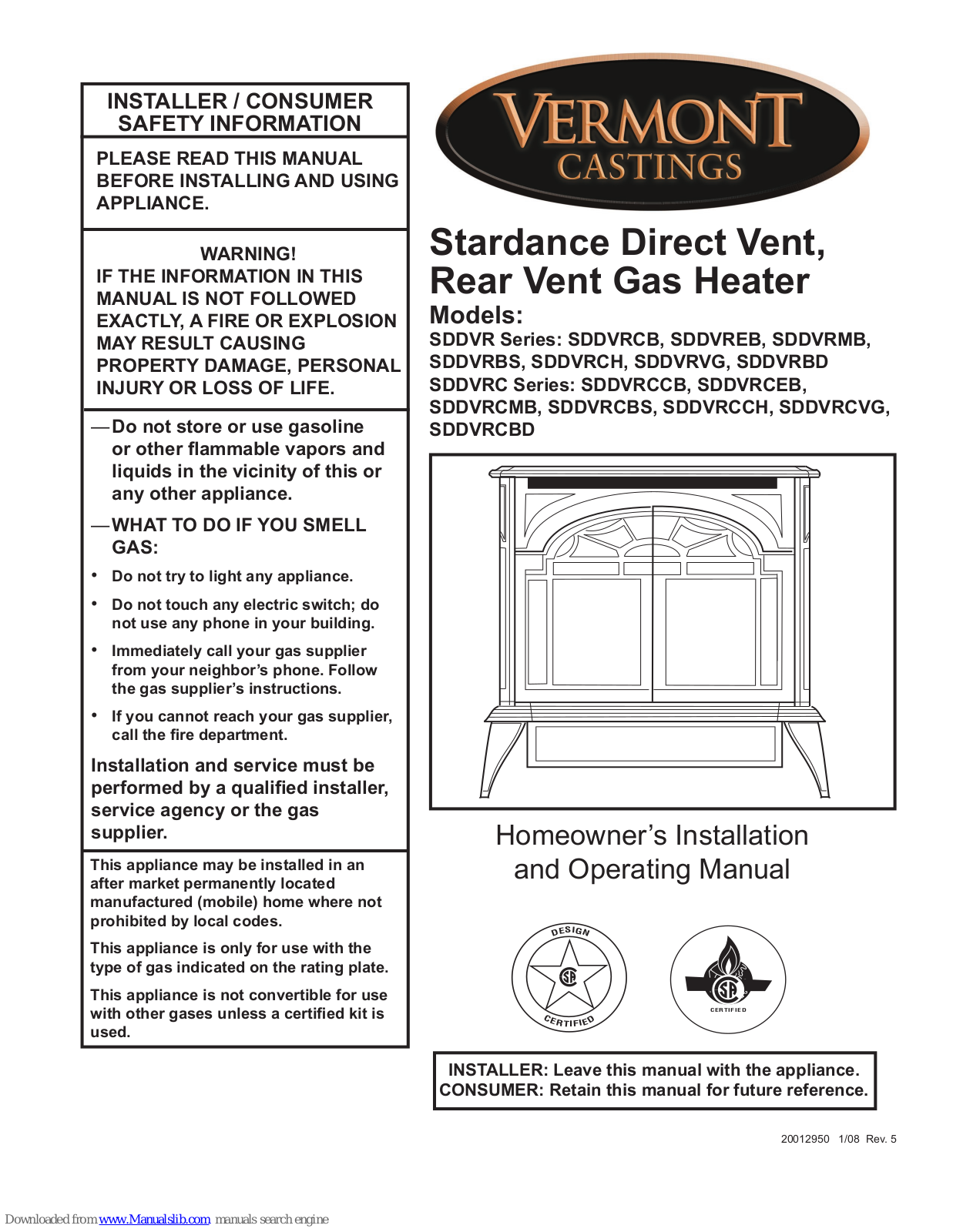 Vermont Castings SDDVRCCH, SDDVRC, SDDVRCCB, SDDVRCBS, SDDVRCEB Installation And Operating Manual