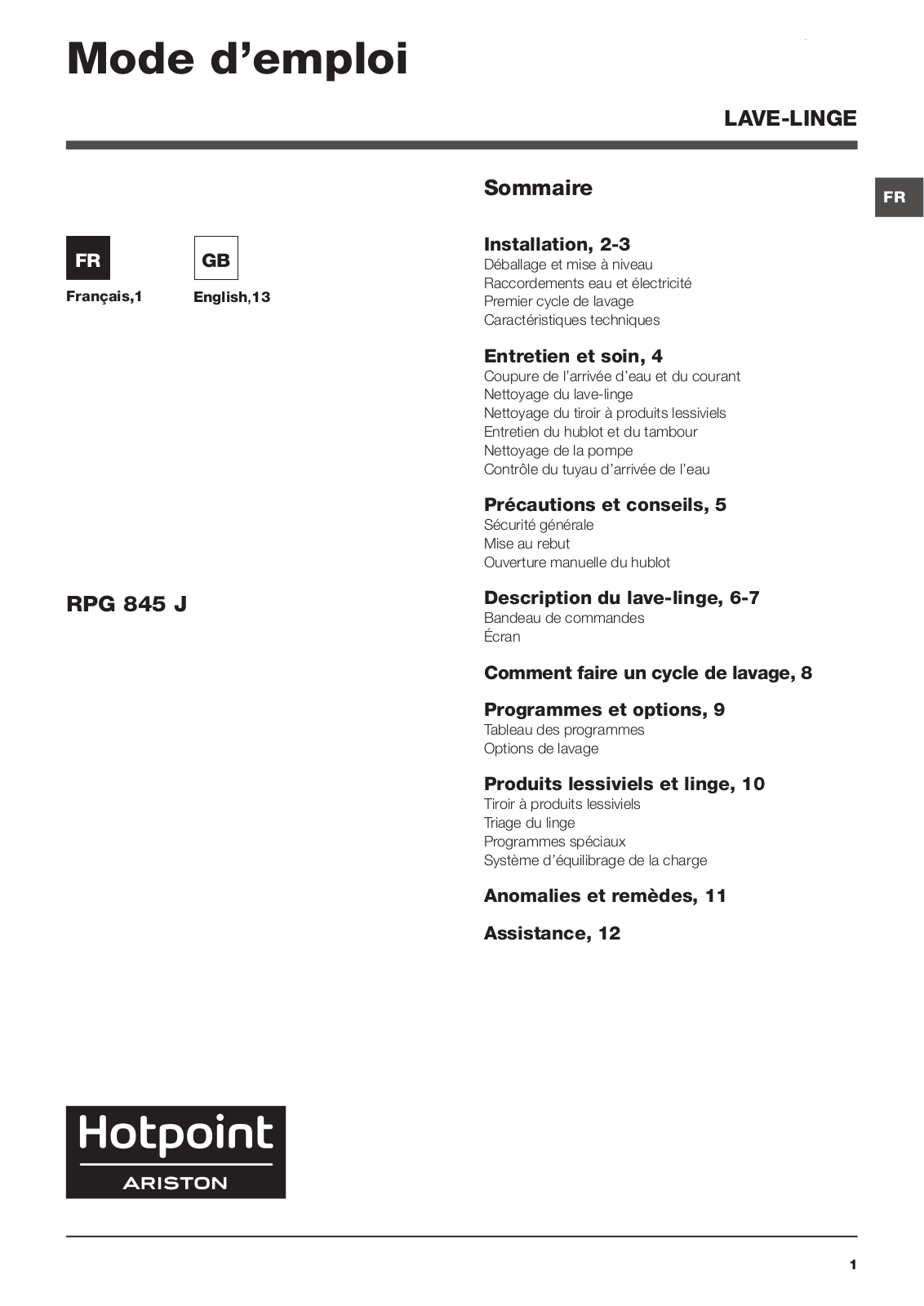 HOTPOINT/ARISTON RPG 845 JS FR User Manual