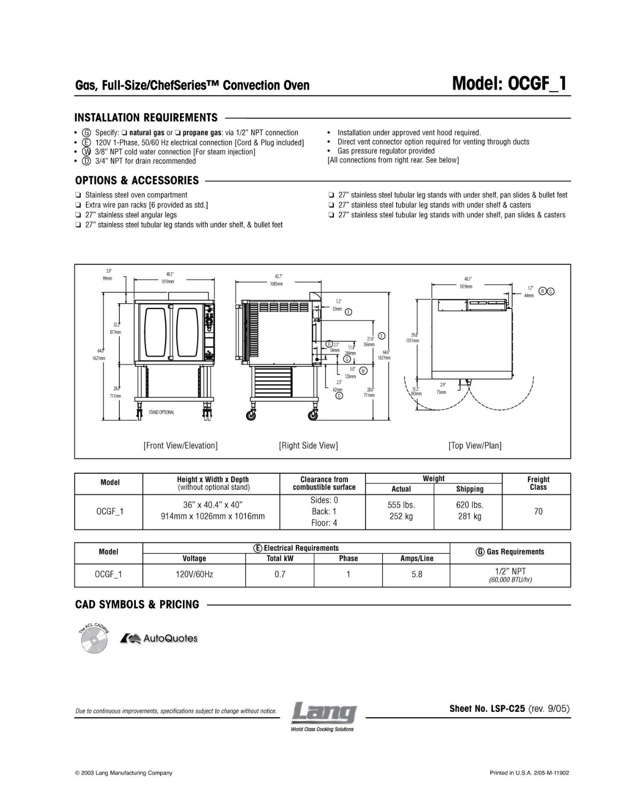 Lang Manufacturing OCGF_1 User Manual