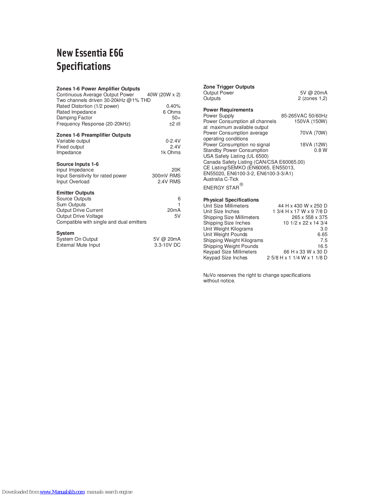 Nuvo NV-E6G, Essentia E6G Specifications - ManualMachine.com