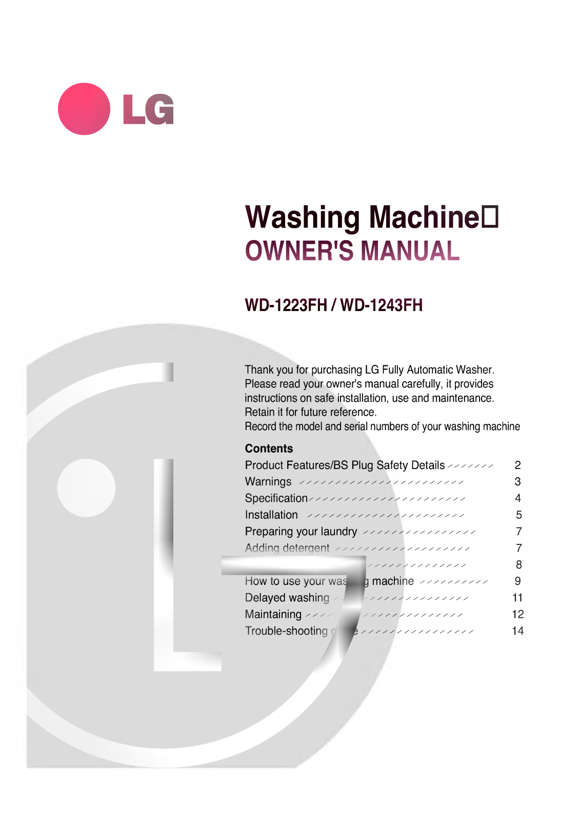 LG WD-1041WFH Owner's Manual