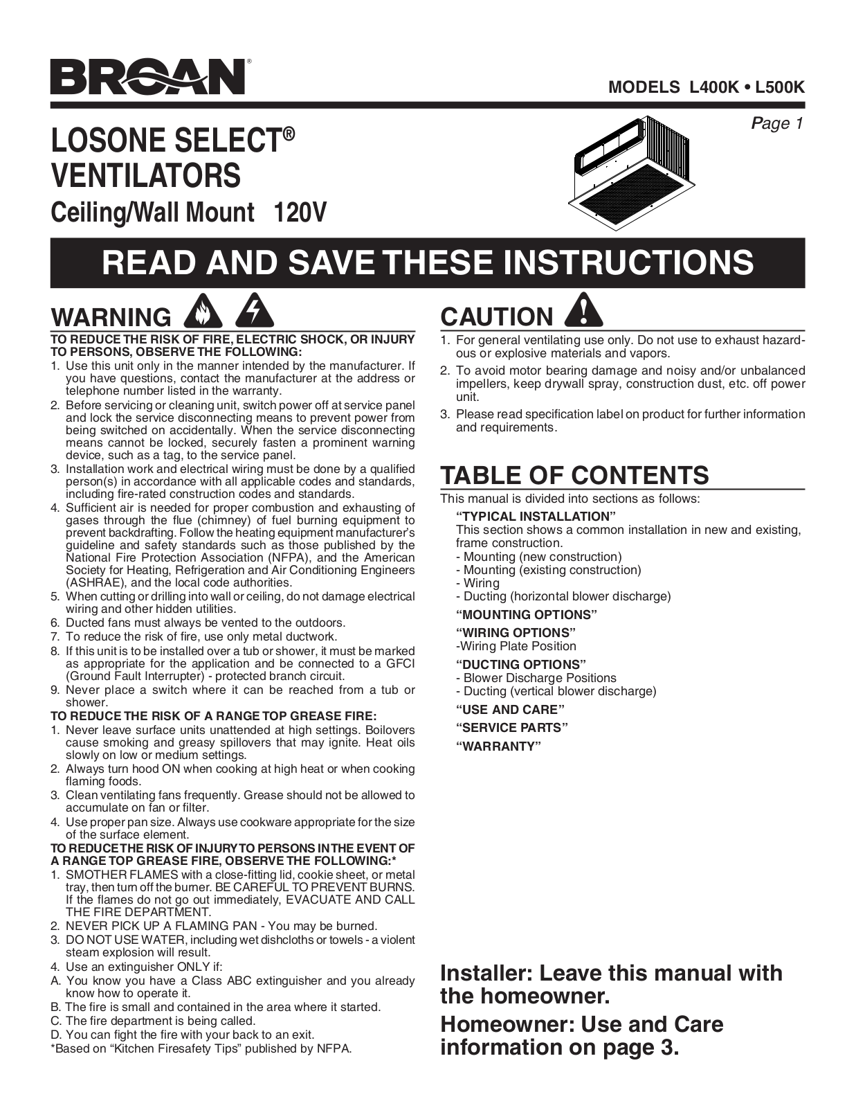 Broan L400K Installation Manual