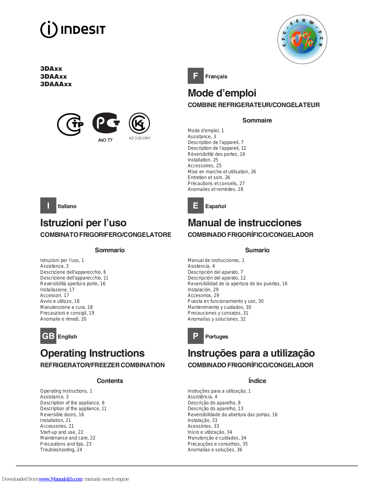 Indesit 3DAxx series, 3DAAxx series, 3DAAAxx series, 3DAxxFTX, 3DAAxxFTZ Operating Instructions Manual