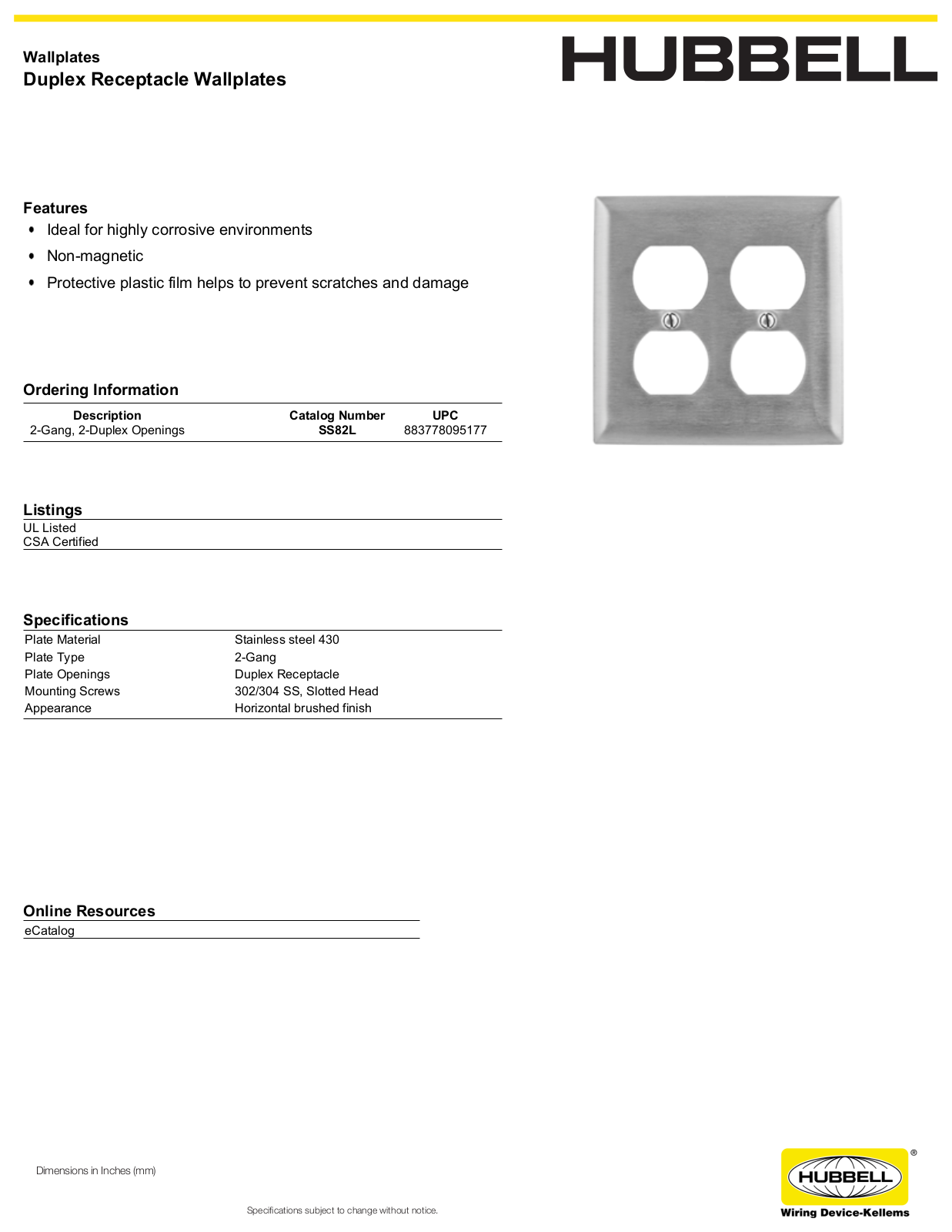 Hubbell SS82L Specifications