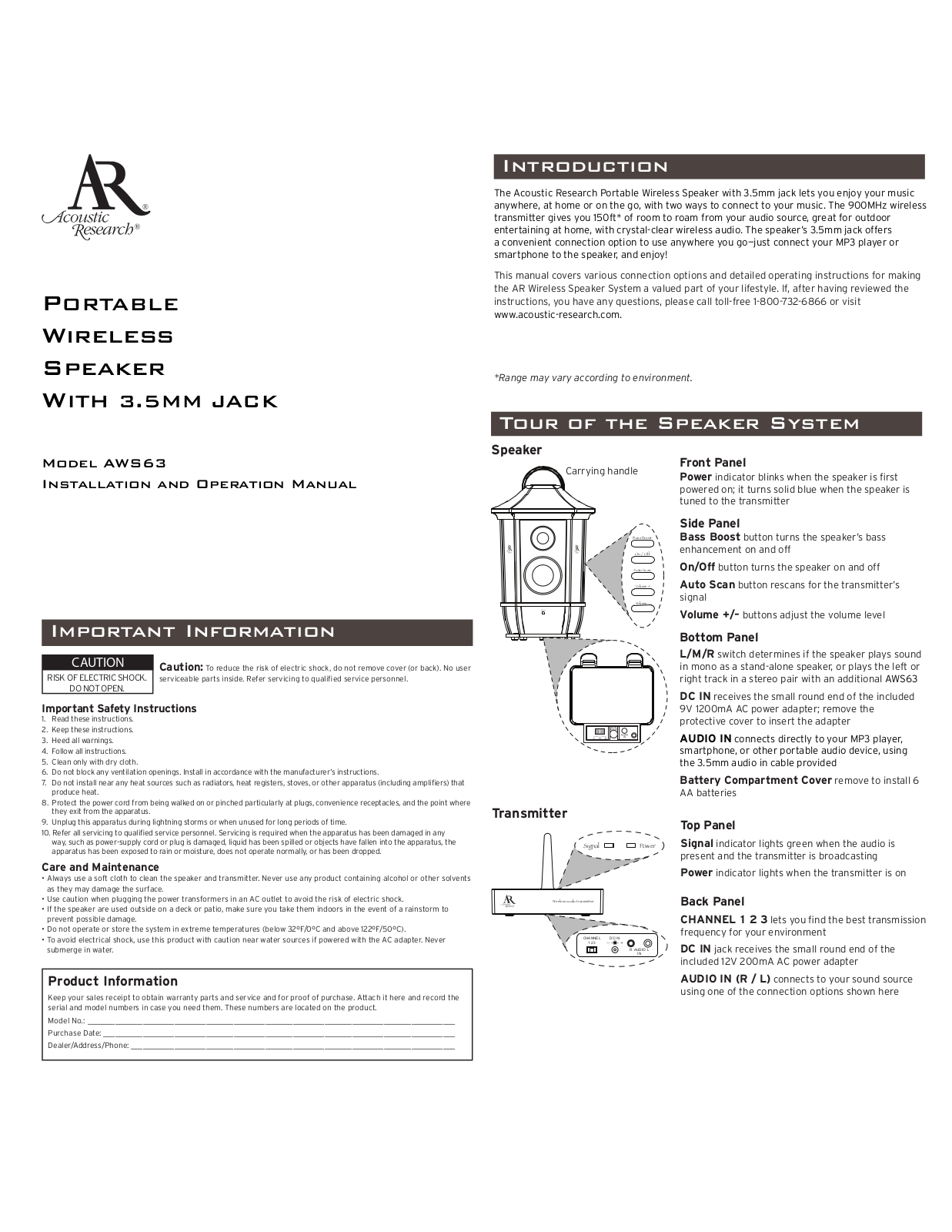 Acoustic Research AWS63 User Manual