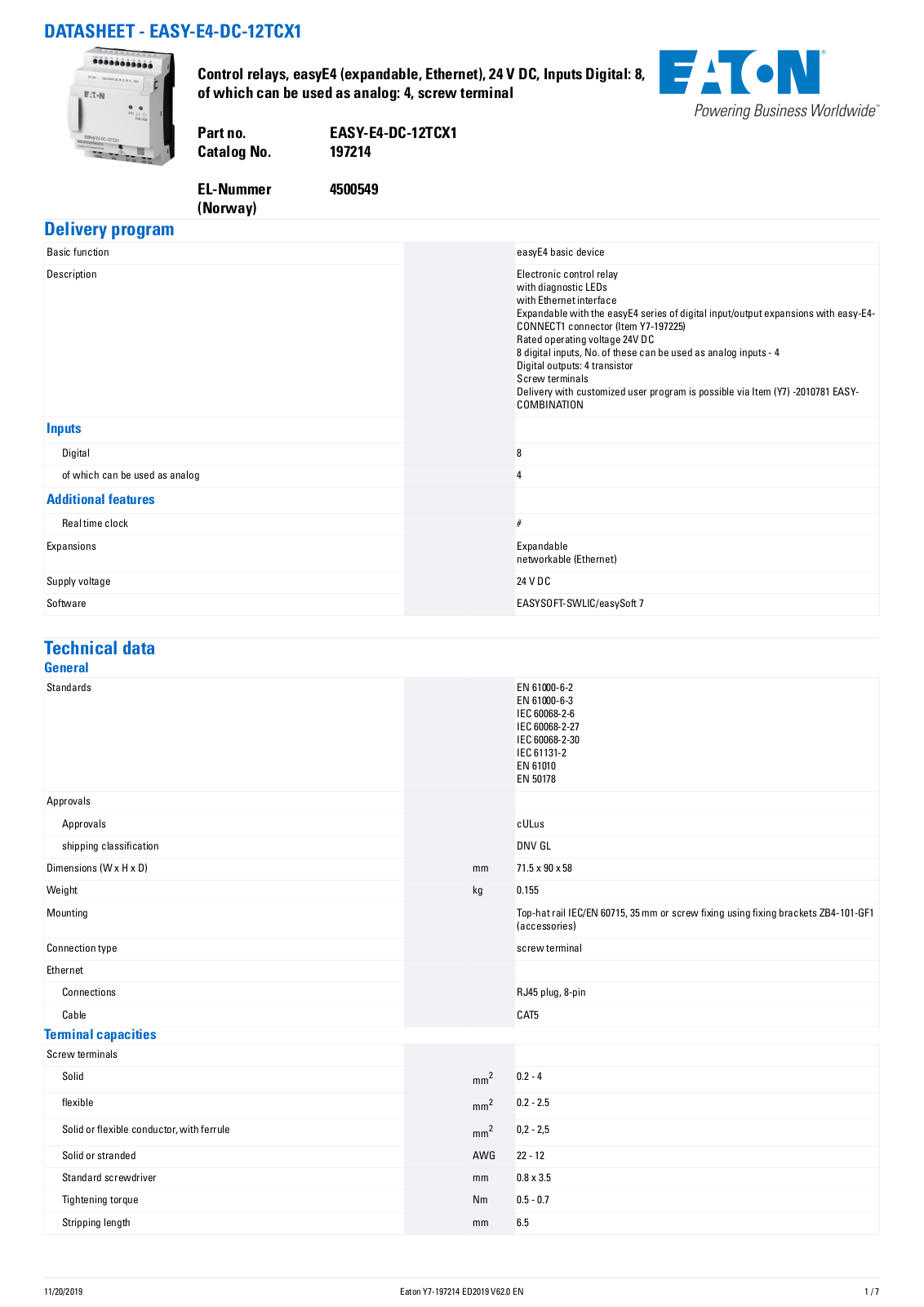 Cutler Hammer, Div of Eaton Corp EASY-E4-DC-12TCX1 Data Sheet