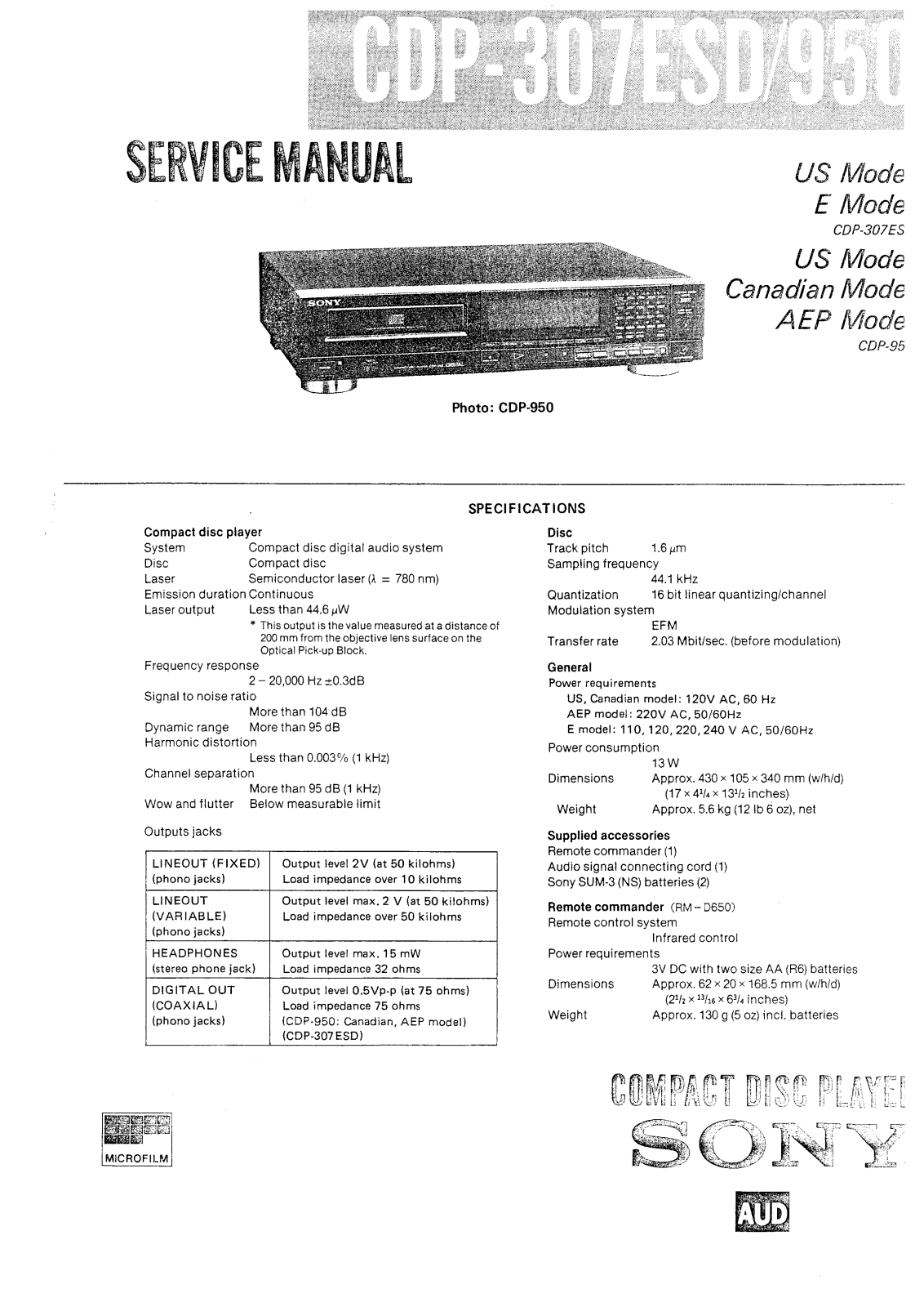 Sony CDP-307-ESD, CDP-950 Service manual