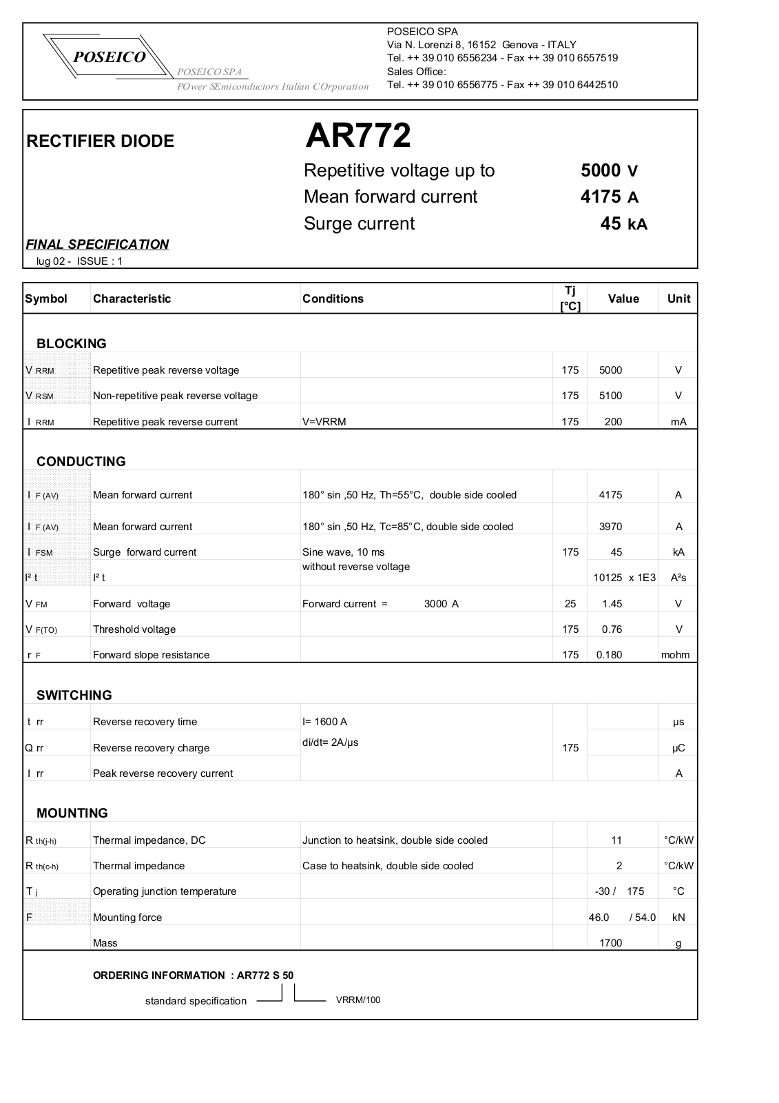 POSEICO AR772S50 Datasheet