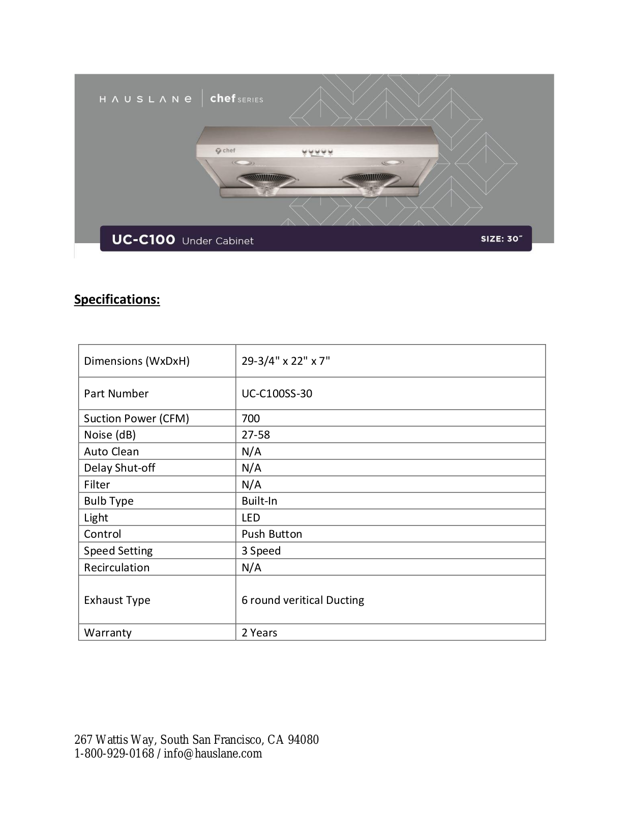 Hauslane UCC100SS30 Specifications