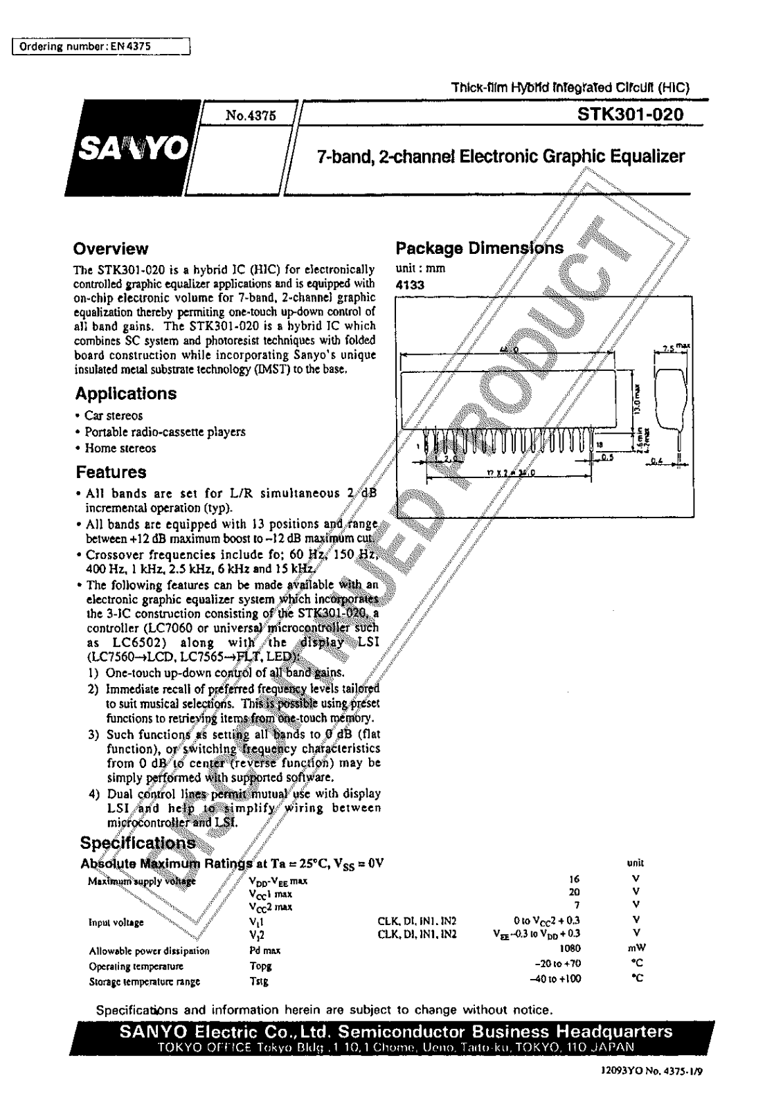 Sanyo STK301-020 Specifications