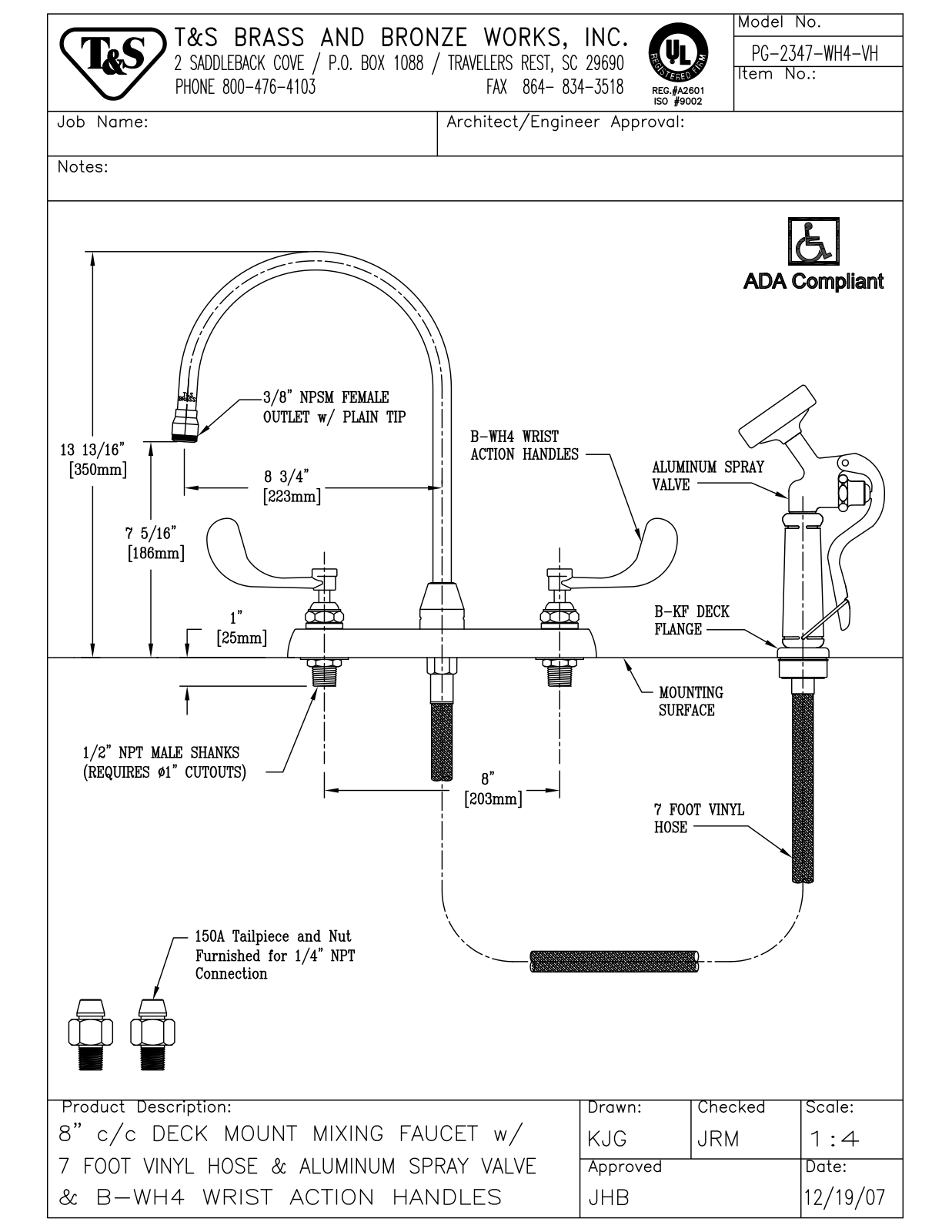 T & S Brass & Bronze Works PG-2347-WH4-VH General Manual