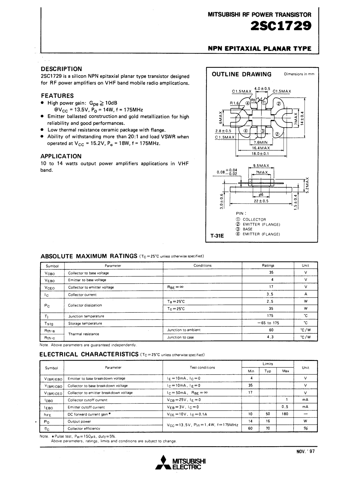 Mitsubishi Electric Corporation Semiconductor Group 2SC1729 Datasheet