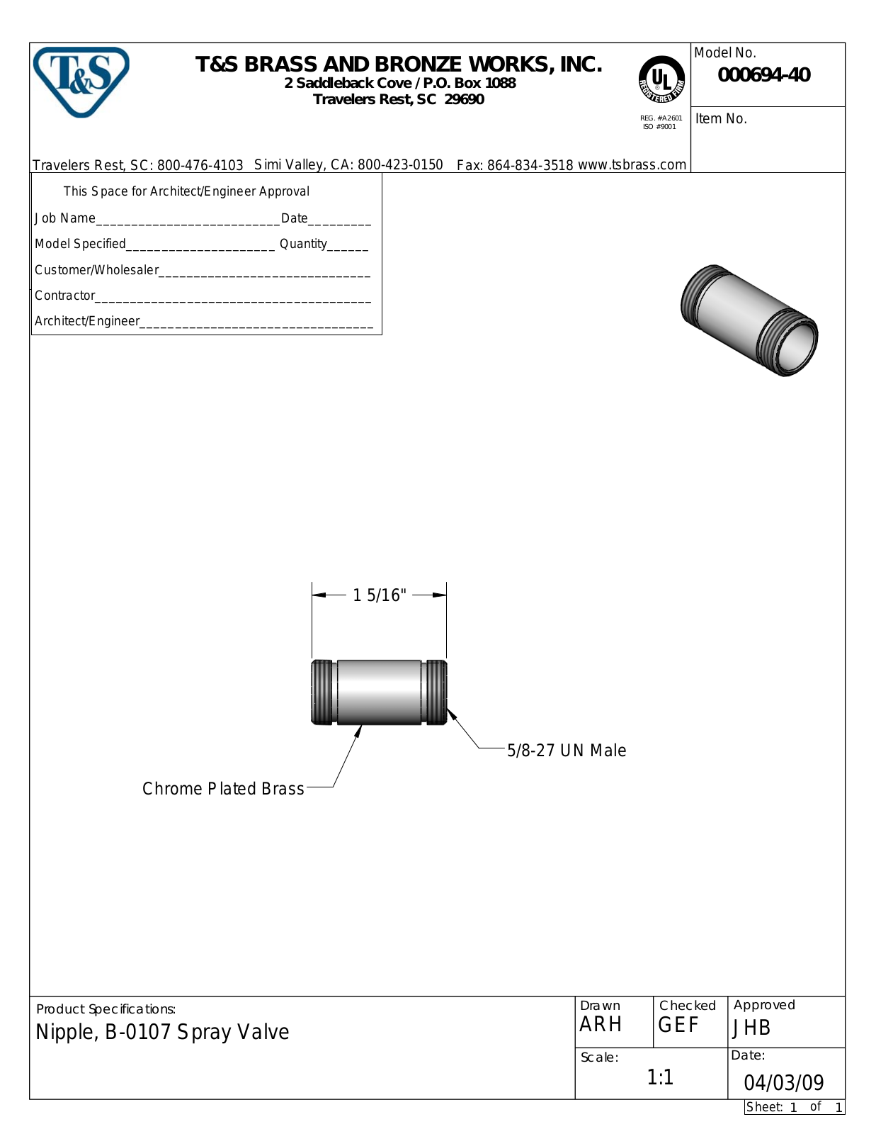 T&S Brass 000694-40 User Manual