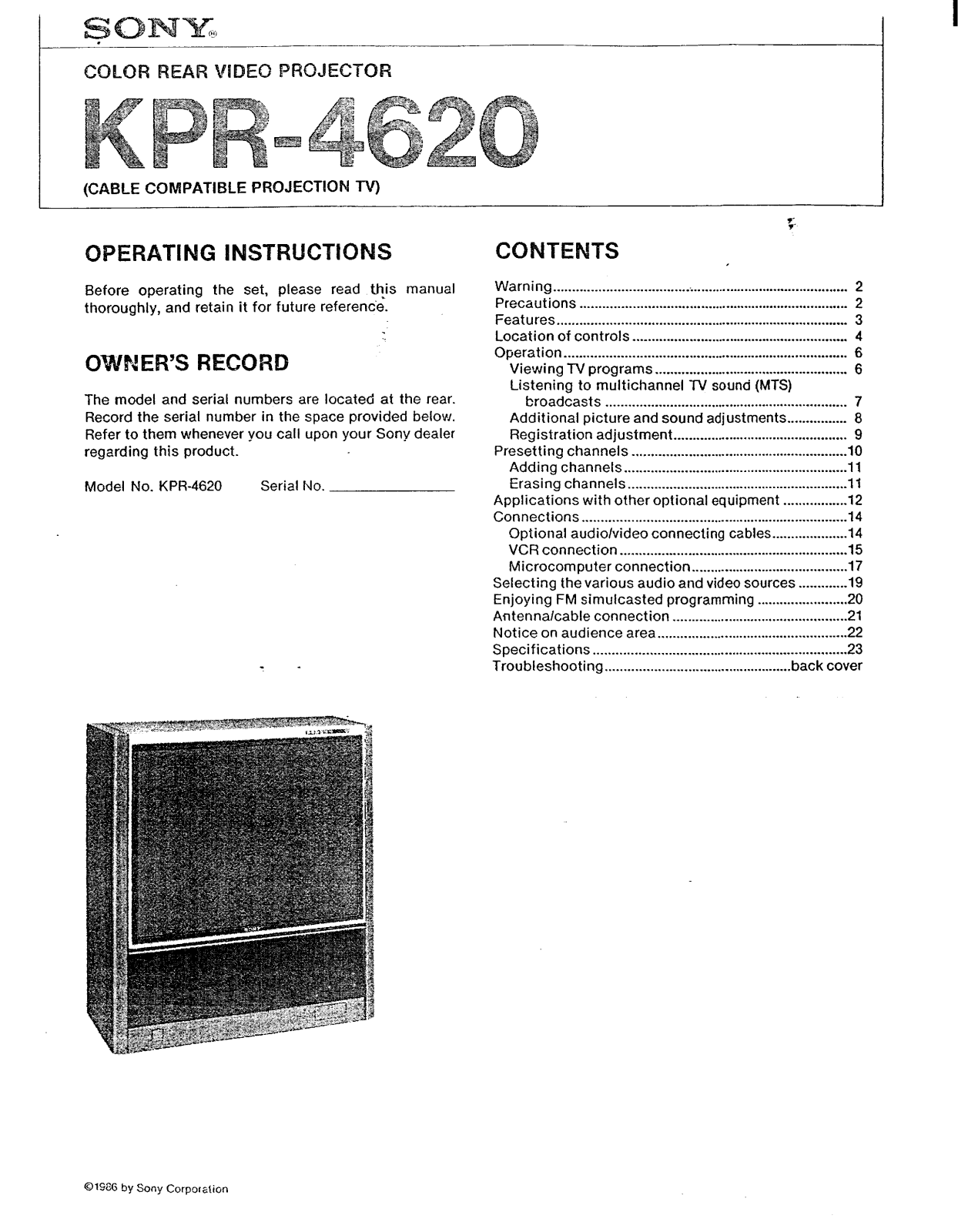 Sony KP-R4620 Operating Manual
