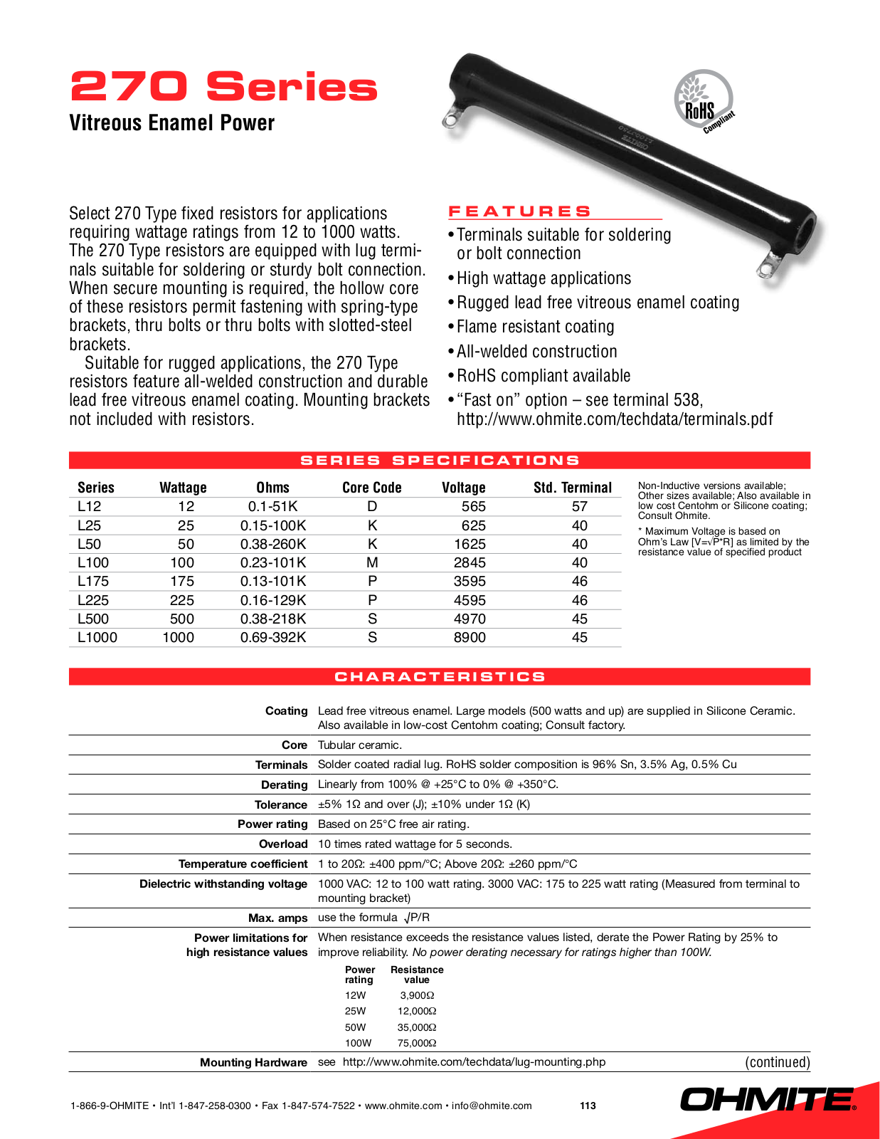 Ohmite 270 Series Catalog Page