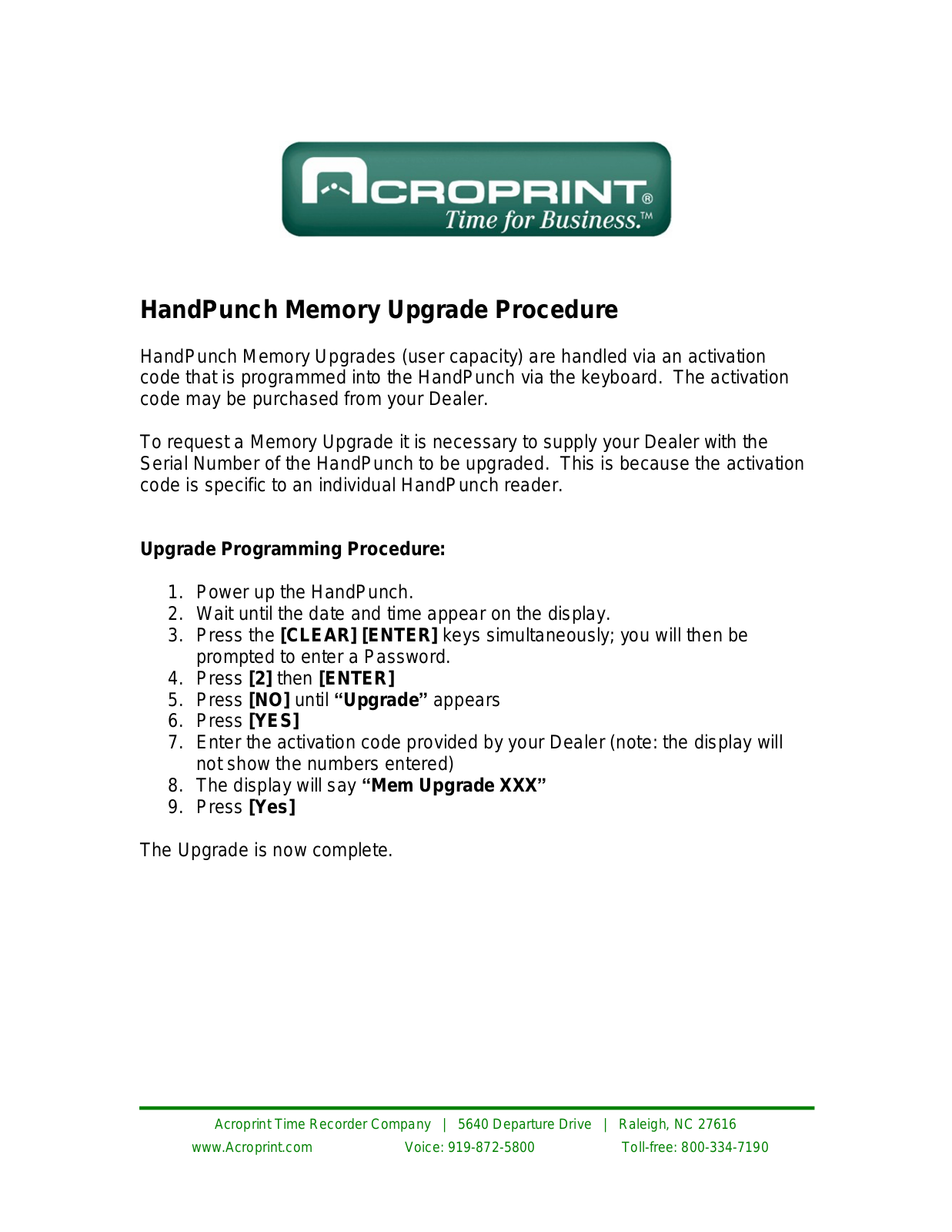 Acroprint HandPunch Memory Upgrade Procedure