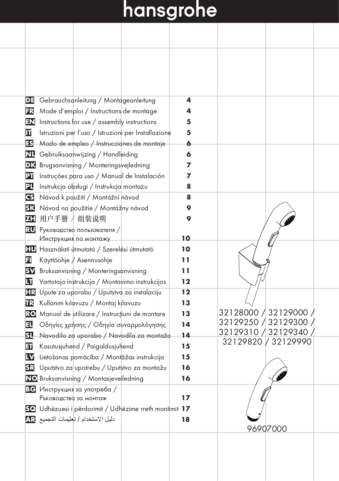 Hansgrohe 32128000, 32129000, 32129250, 32129300, 32129340 Instructions For Use Manual