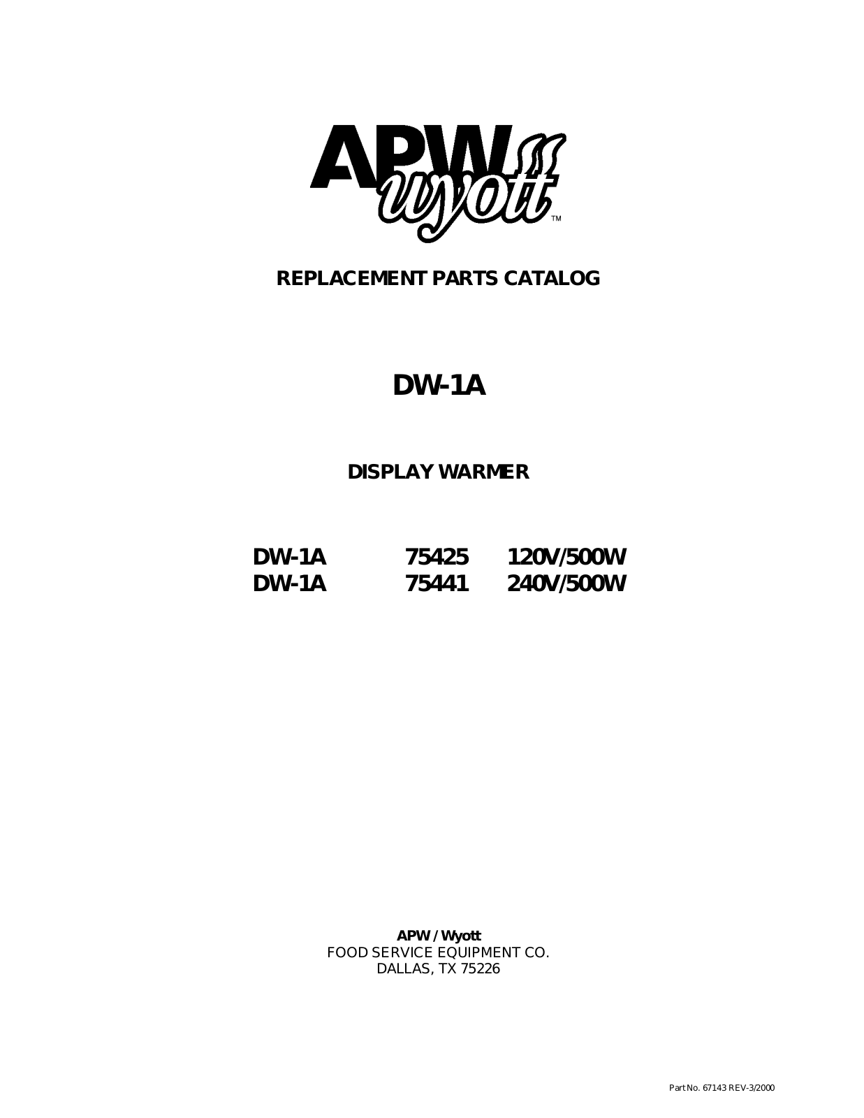 APW Wyott DW-1A Parts List