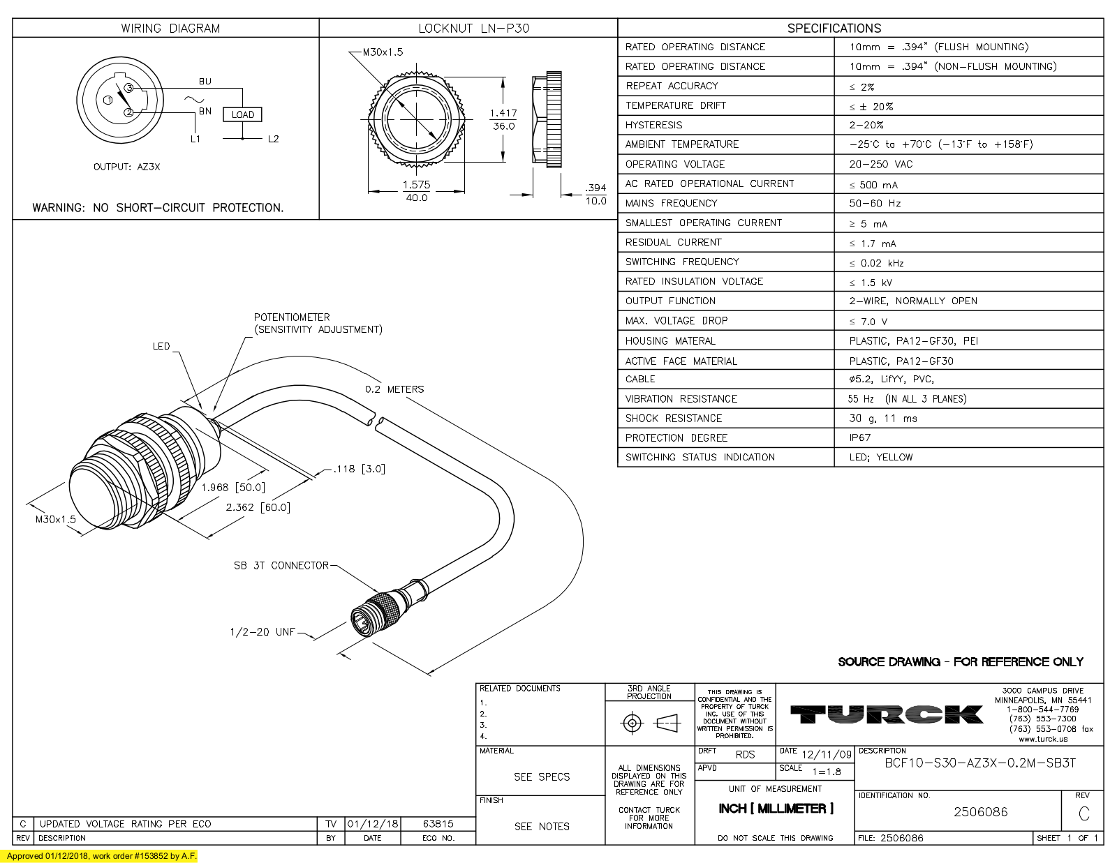 Turck BCF10-S30-AZ3X-0.2-SB3T Data Sheet