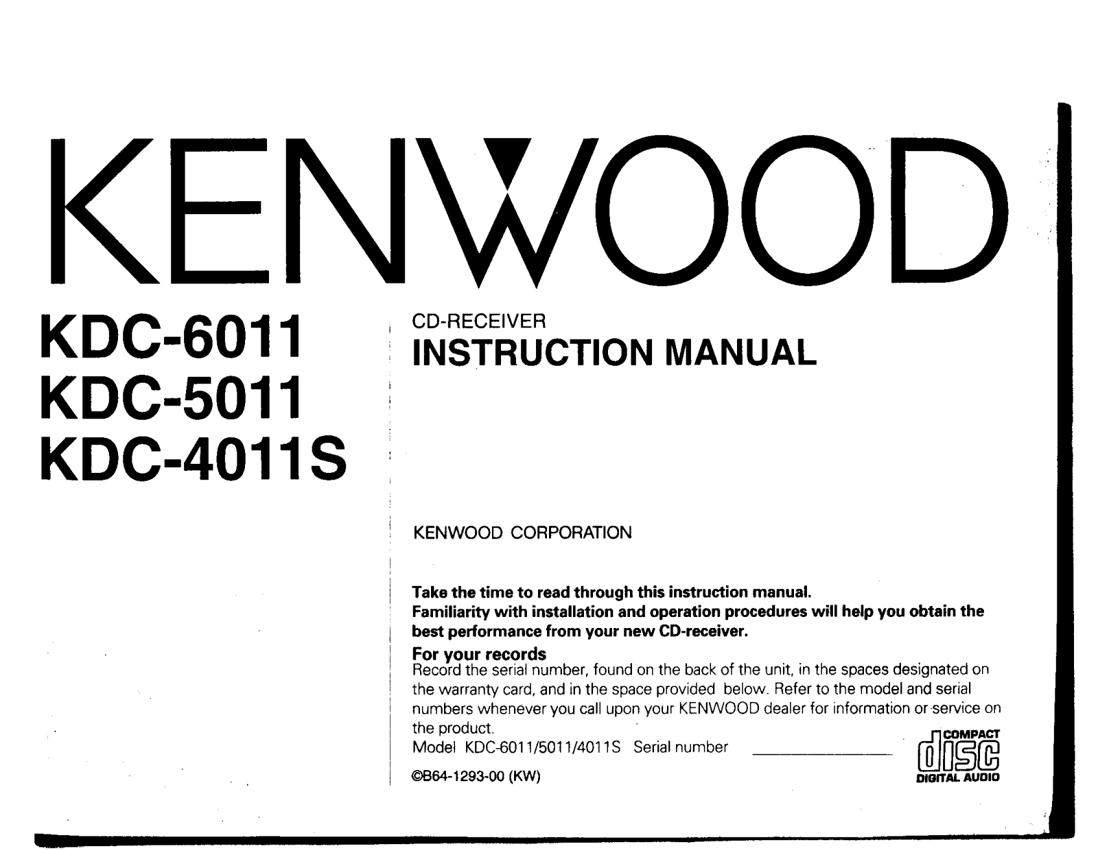 Kenwood KDC-6011, KDC-5011, KDC-4011S Owner's Manual