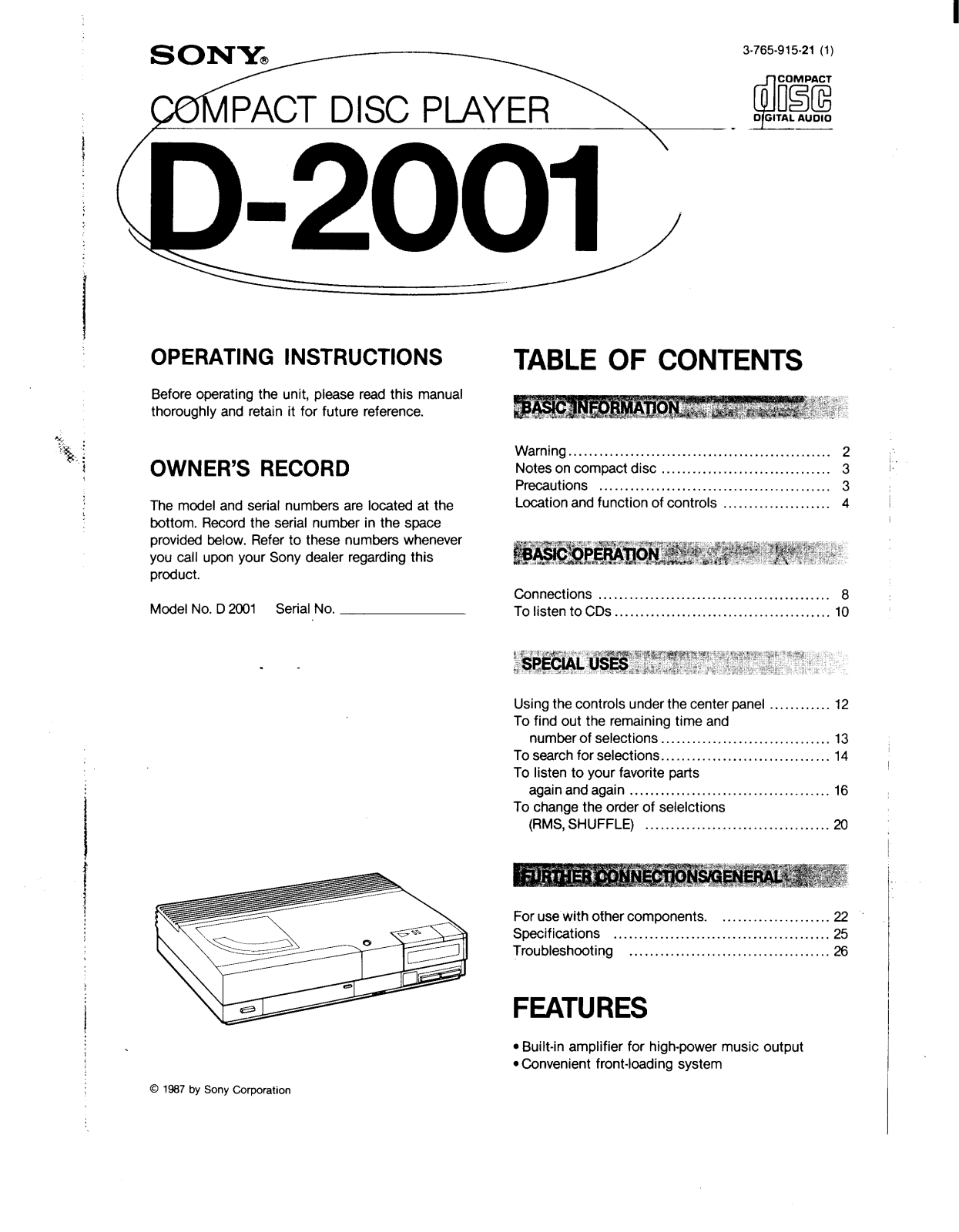 Sony D2001 Operating Instructions