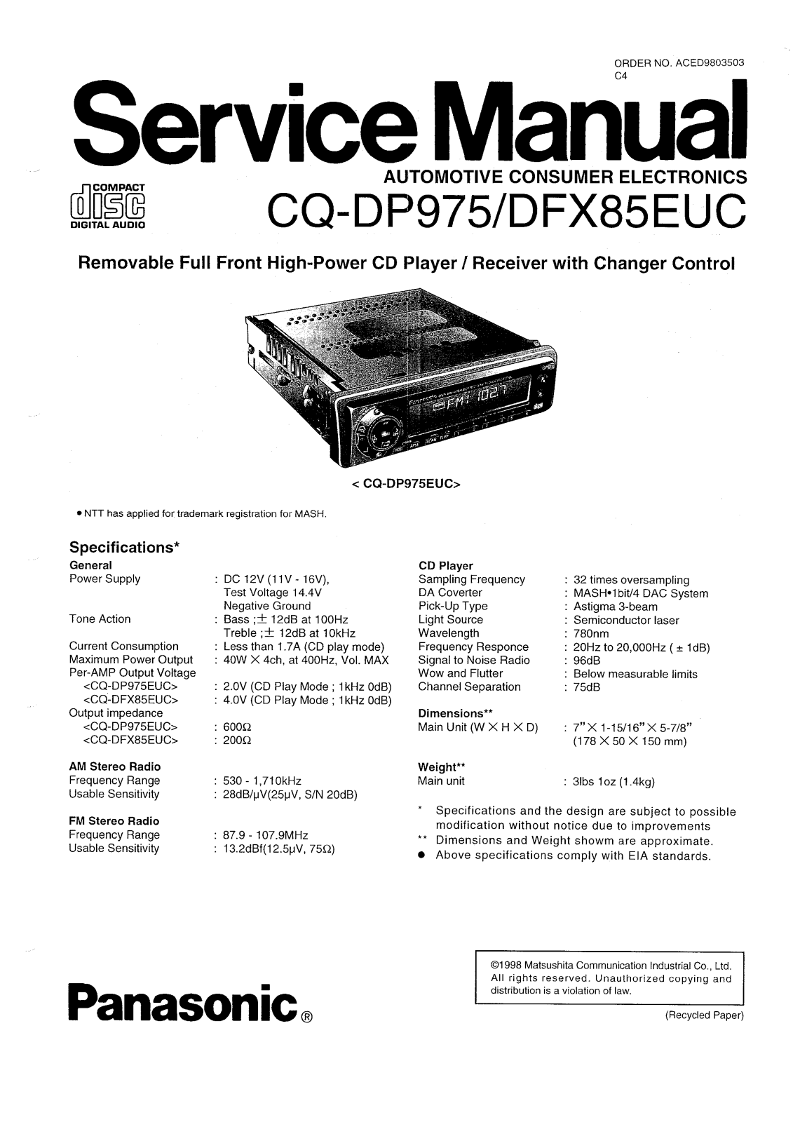 Panasonic CQDFX-85-EUC, CQDP-975 Service manual