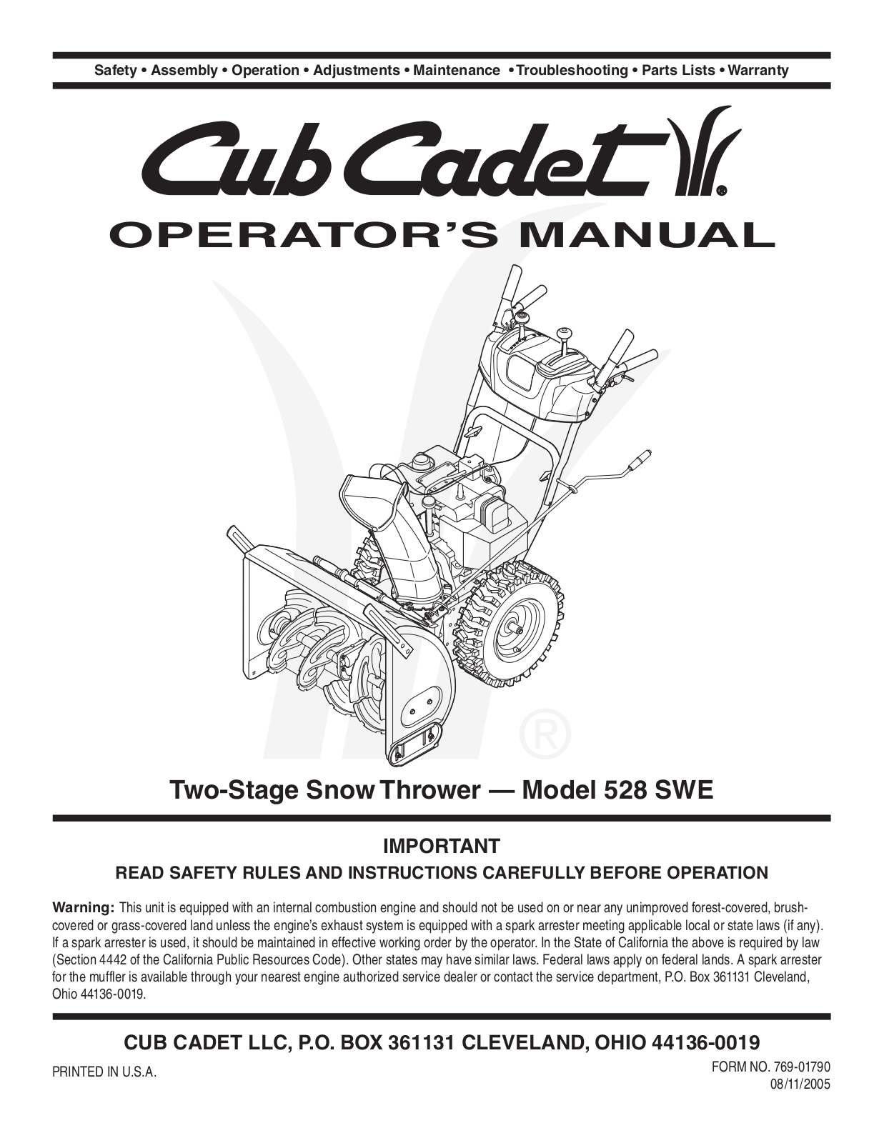 Cub Cadet 528 SWE User Manual