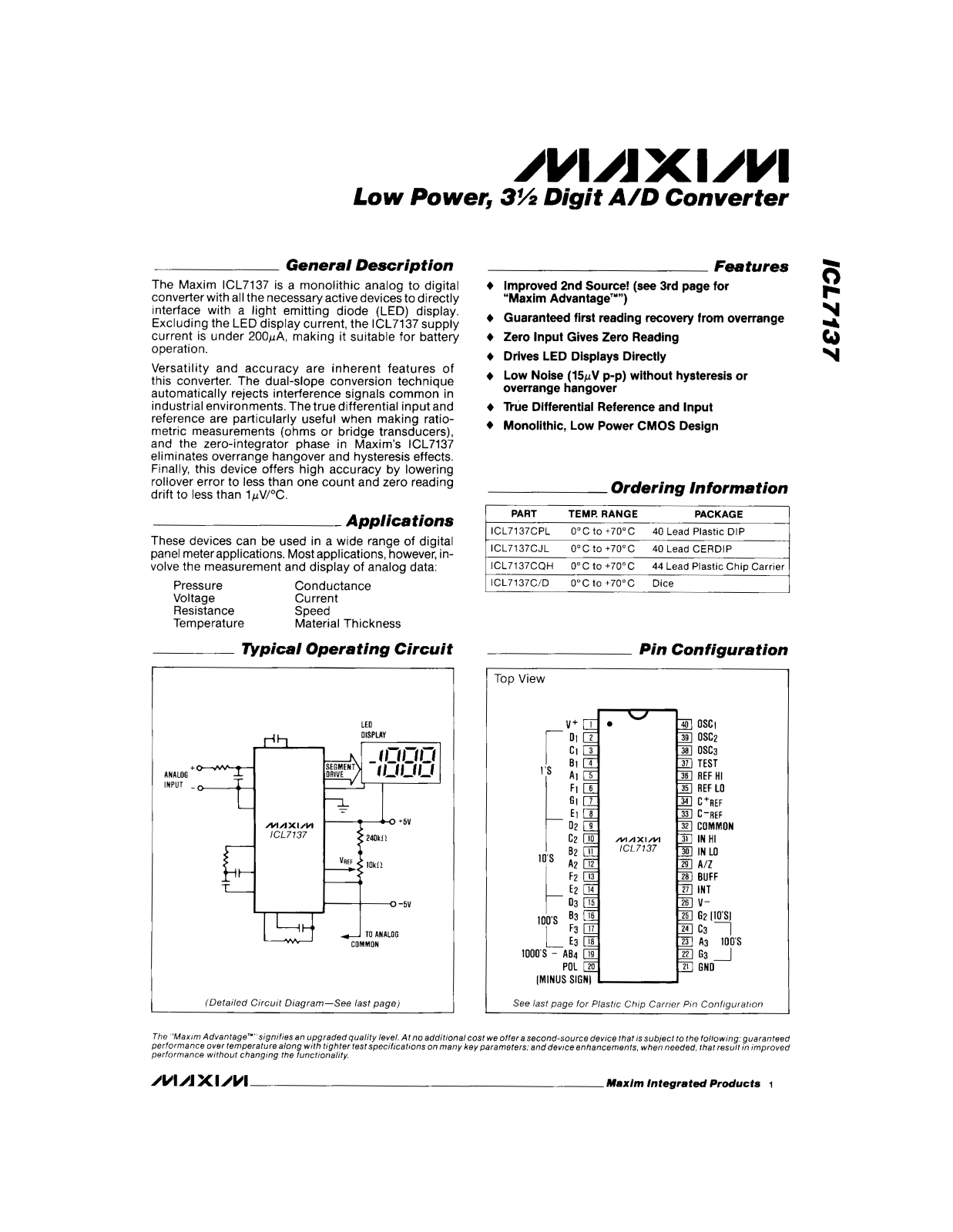 Maxim Integrated Producs ICL7137CD, ICL7137CJL, ICL7137CPL, ICL7137CQH Datasheet