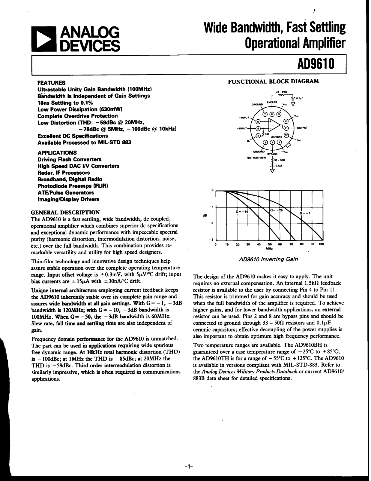 Analog Devices AD9610TH-883B, AD9610TH, AD9610BH Datasheet